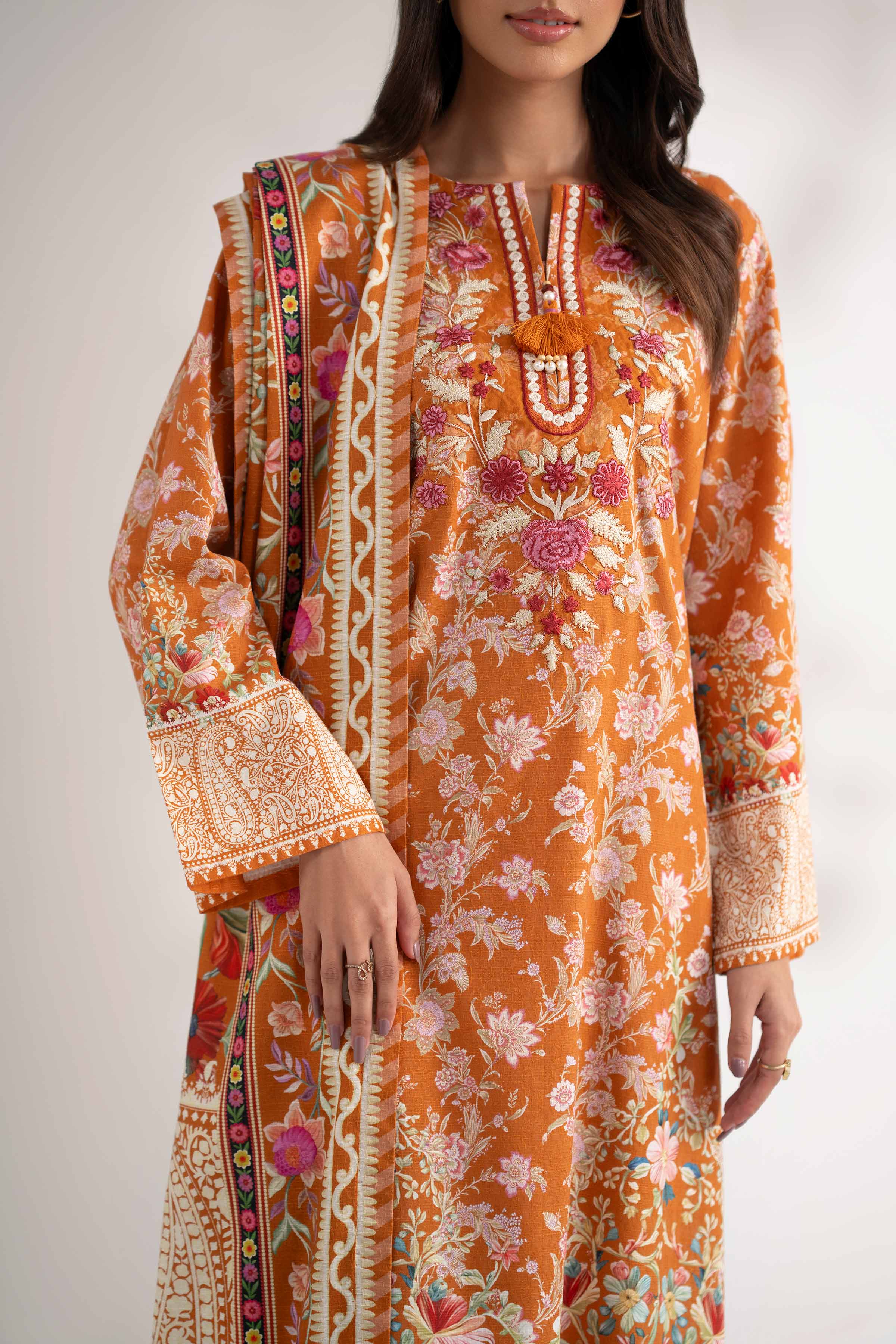 NISHATUAE - Mustard Embroidered Jacquard 3-piece Unstitched Suit