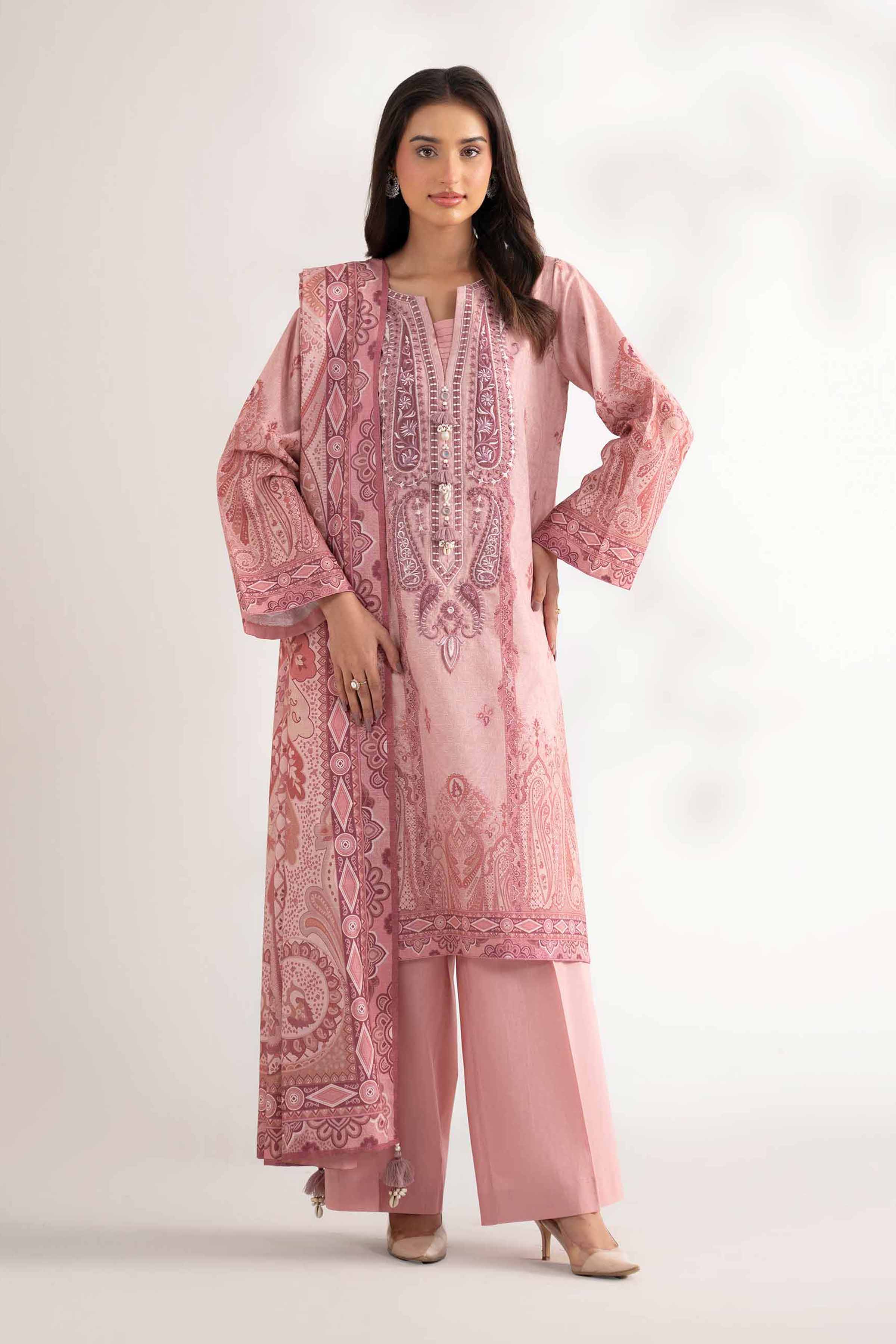 NISHATUAE - Pink Embroidered Jacquard 3-piece Unstitched Suit