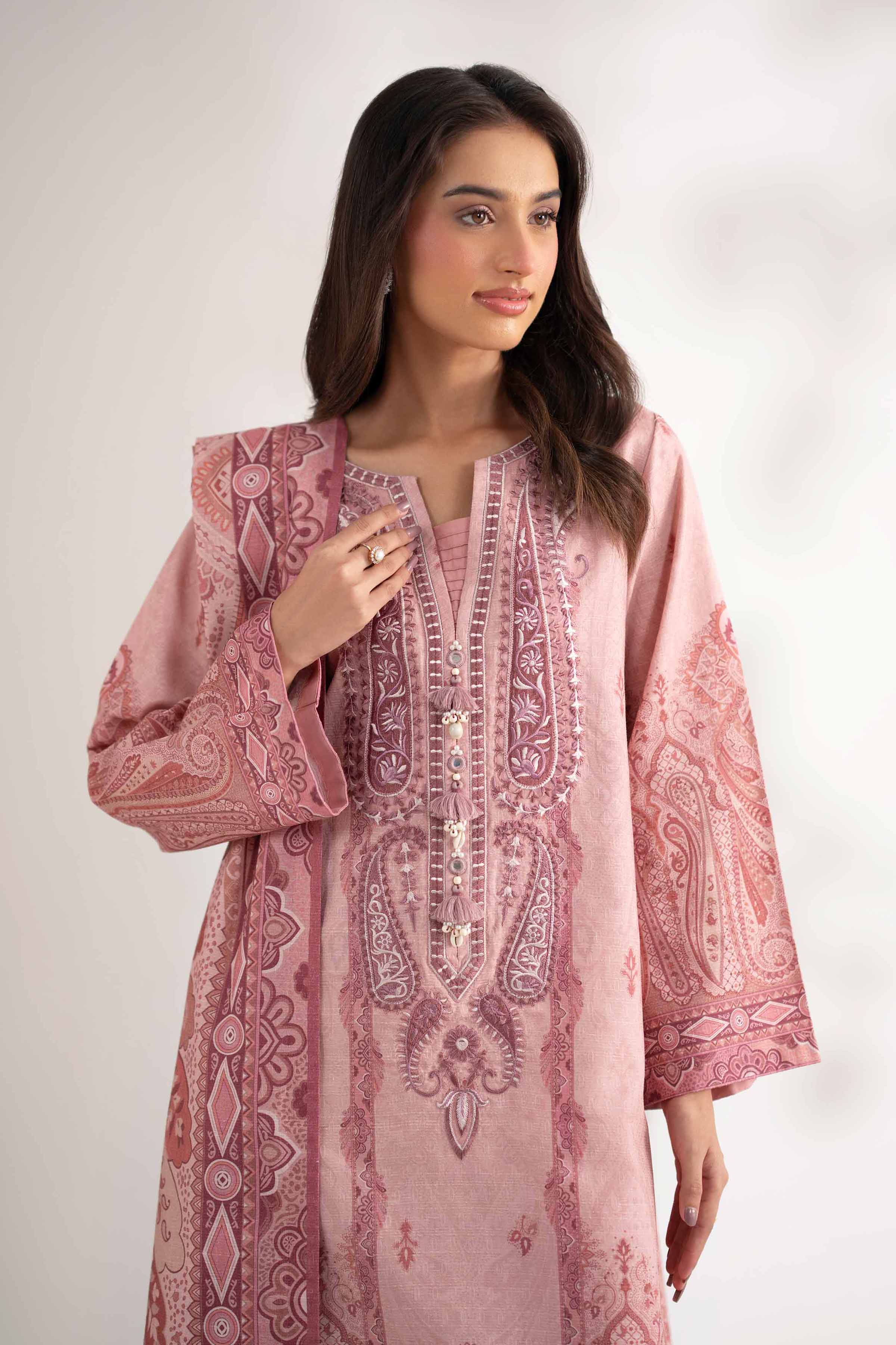 NISHATUAE - Pink Embroidered Jacquard 3-piece Unstitched Suit