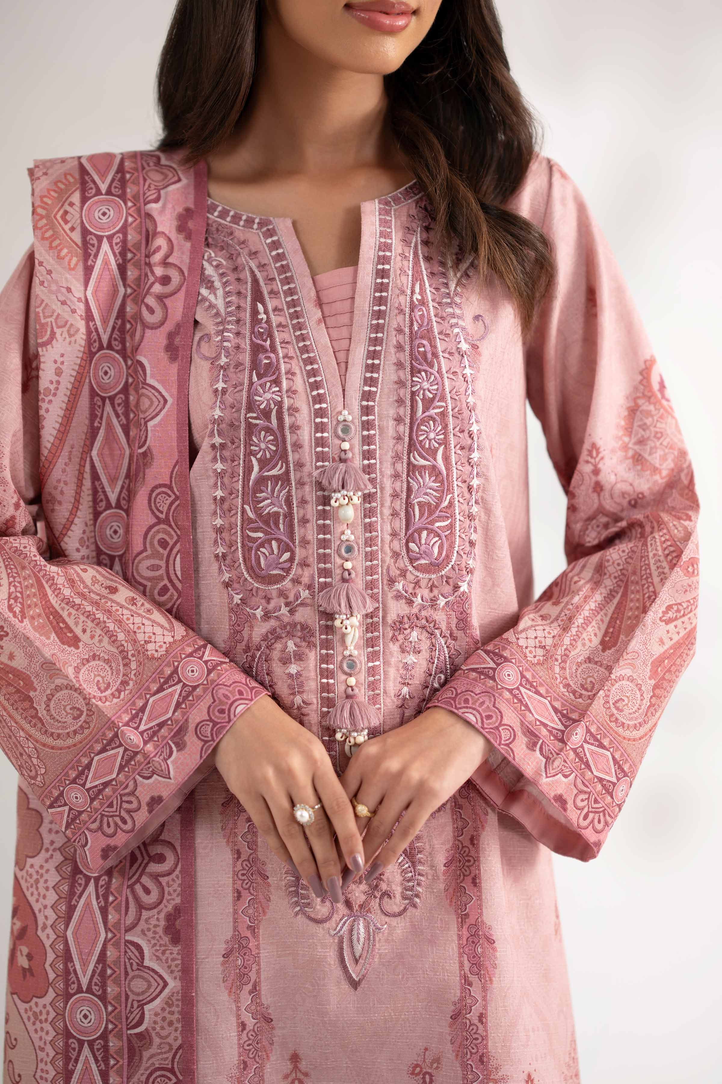 NISHATUAE - Pink Embroidered Jacquard 3-piece Unstitched Suit