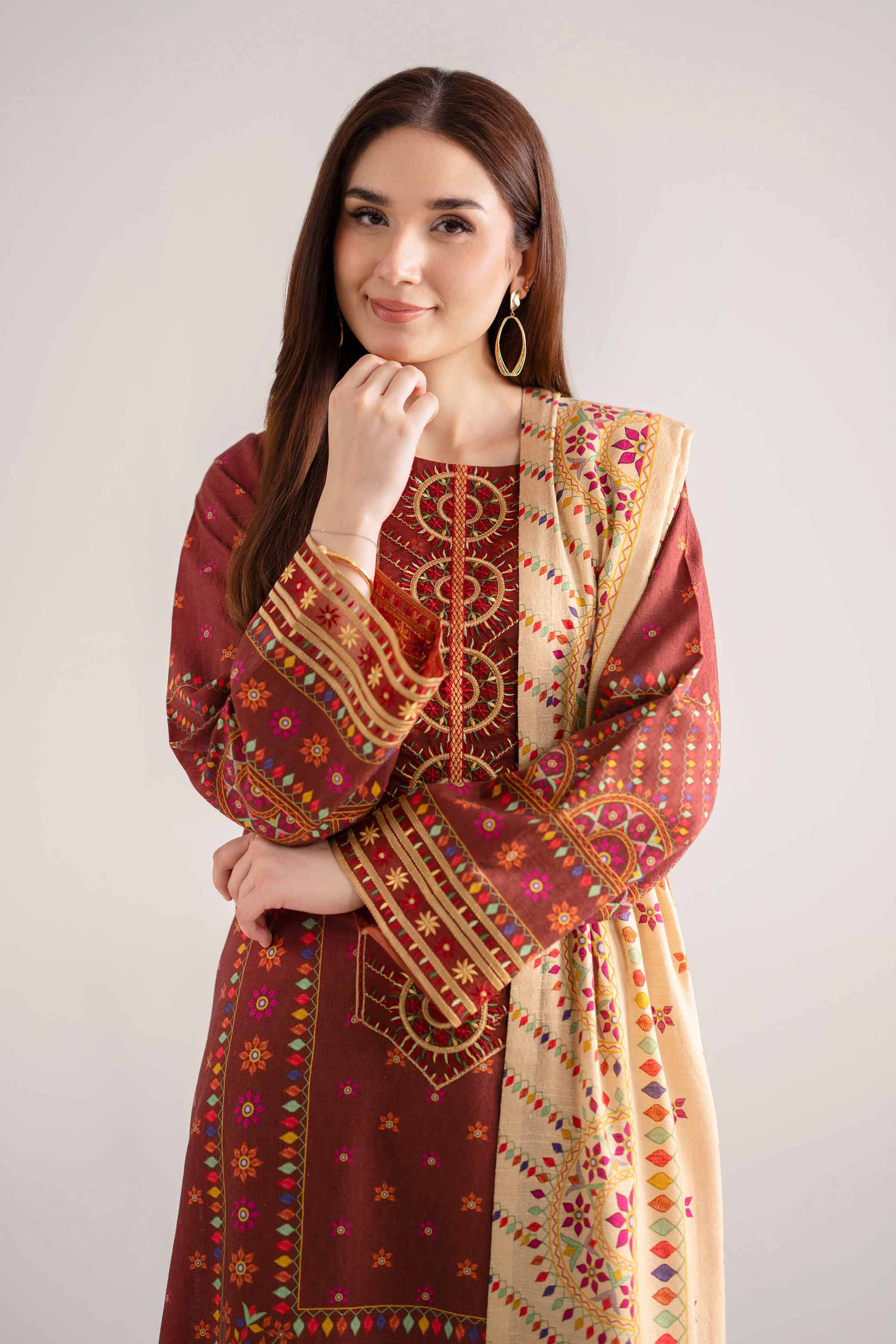 NISHATUAE - Red Embroidered Jacquard 3-piece Unstitched Suit