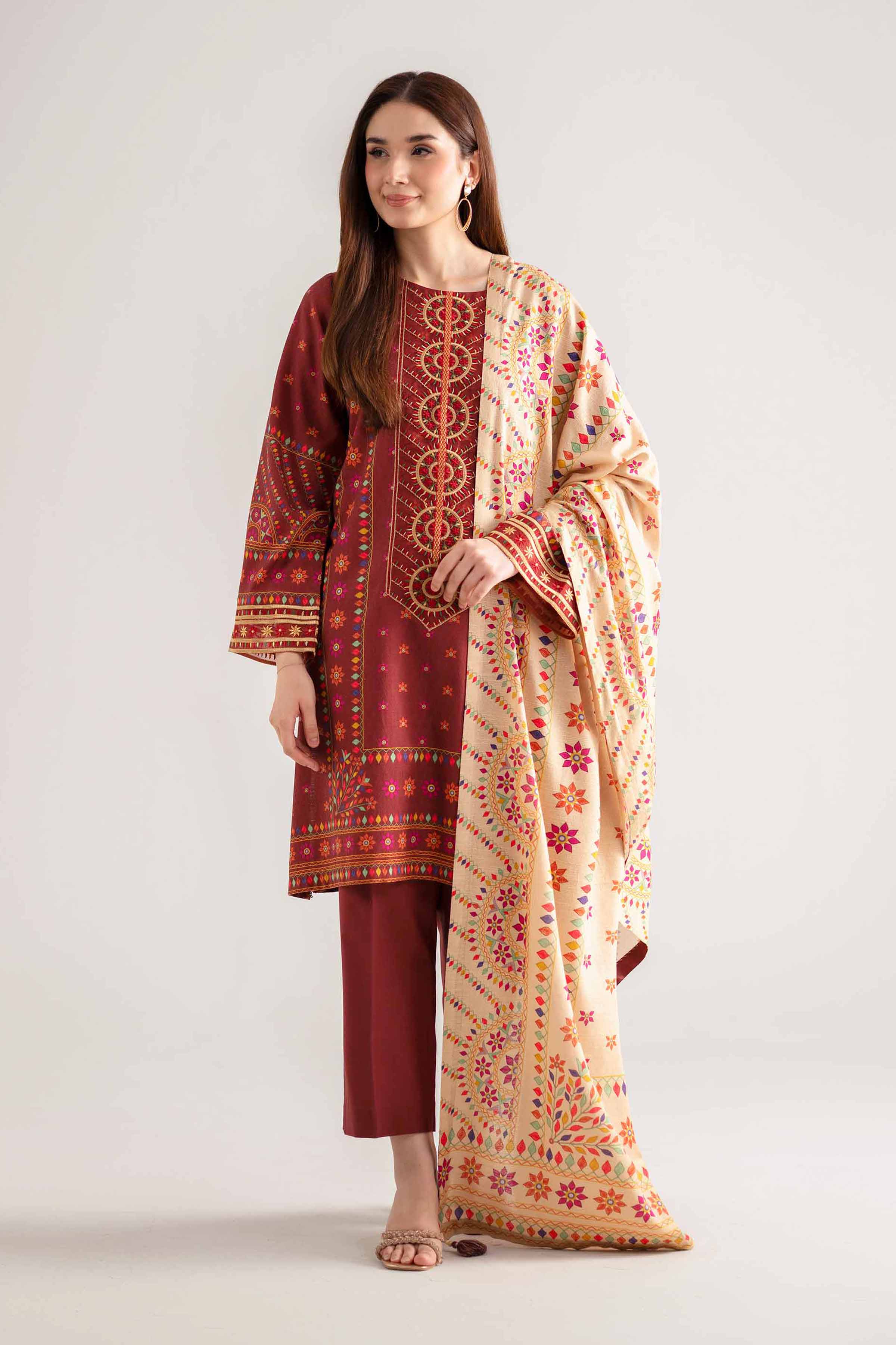 NISHATUAE - Red Embroidered Jacquard 3-piece Unstitched Suit
