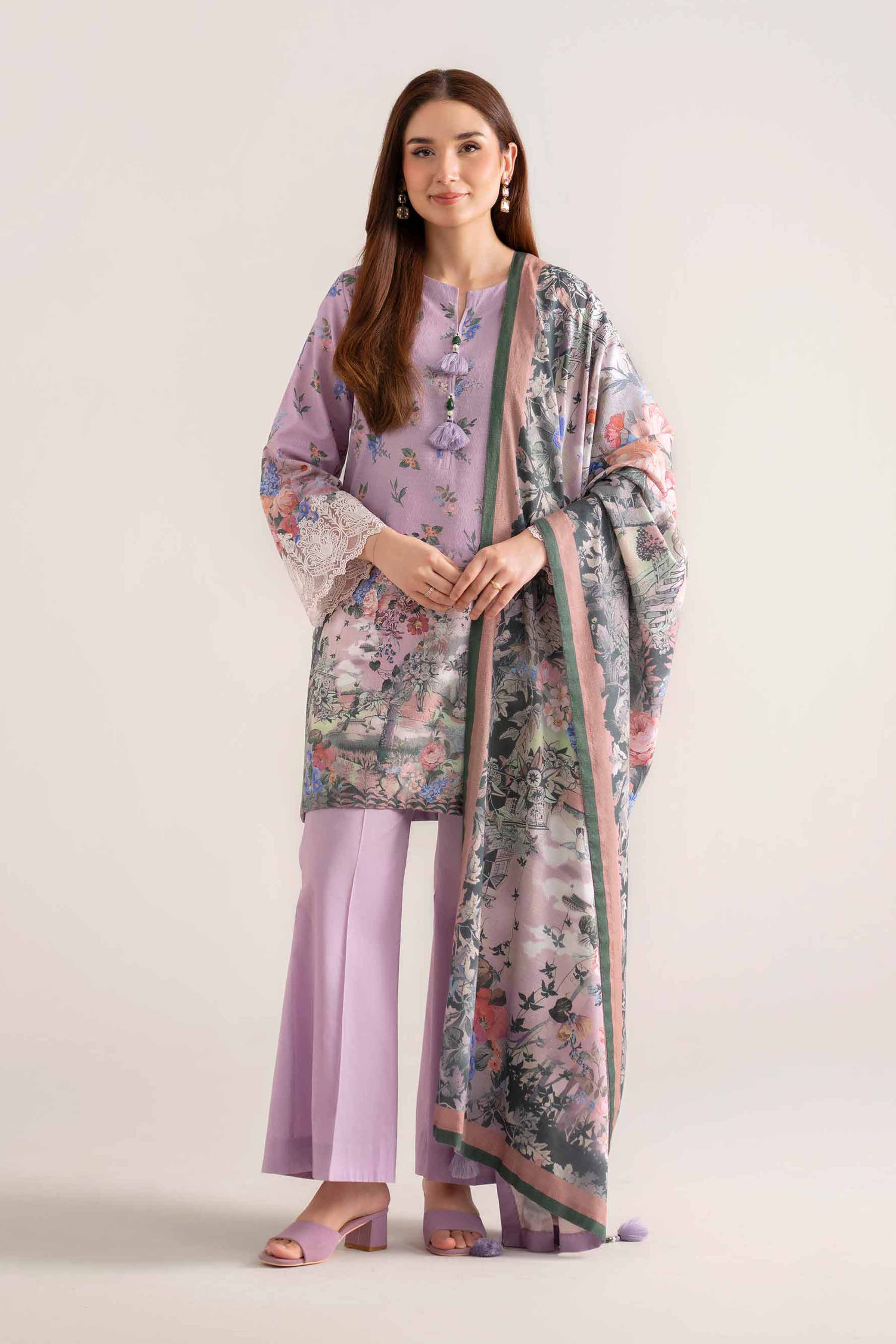 NISHATUAE - Lilac Embroidered Jacquard 3-piece Unstitched Suit