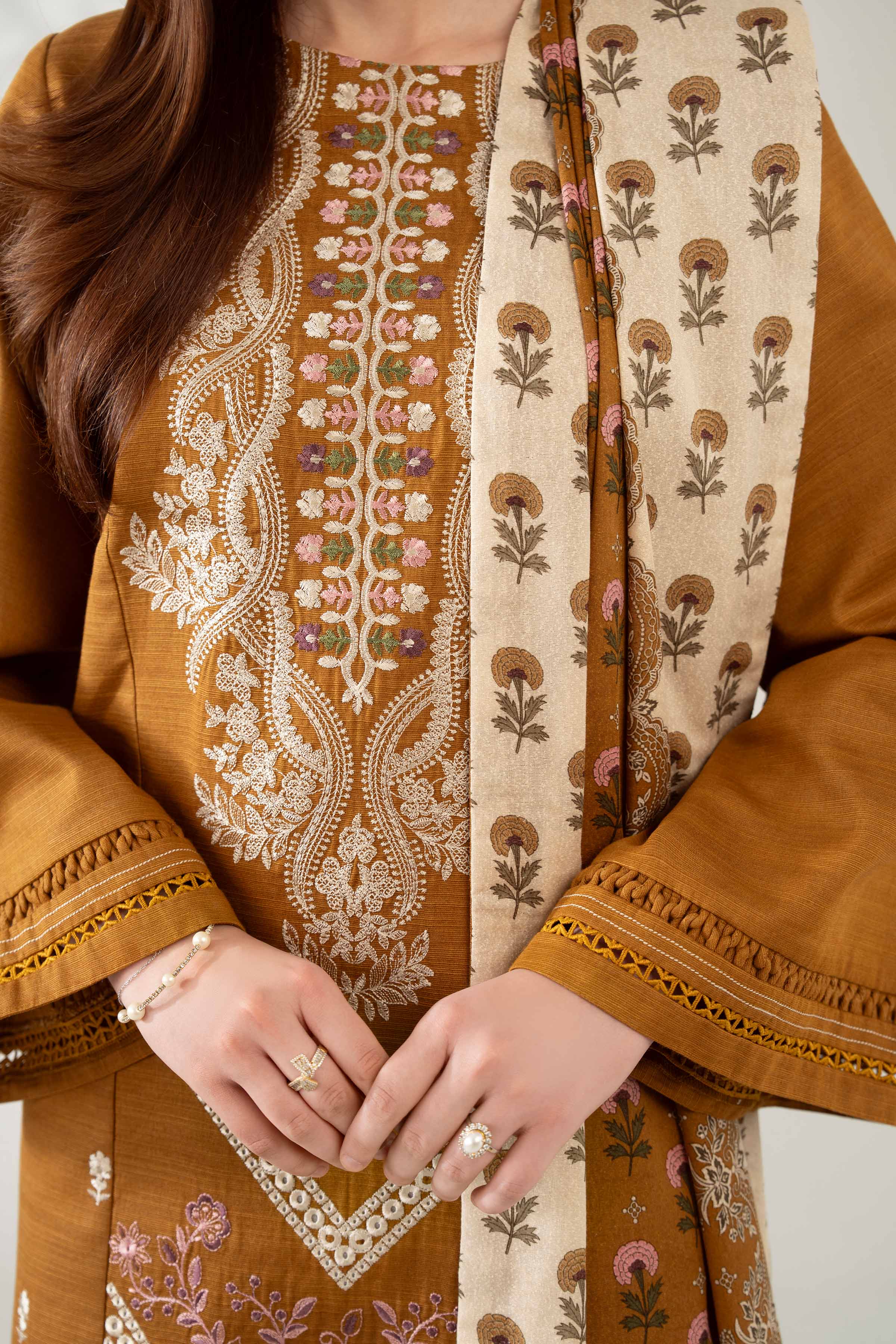 NISHATUAE - Brown Embroidered Khaddar 3-piece Unstitched Suit