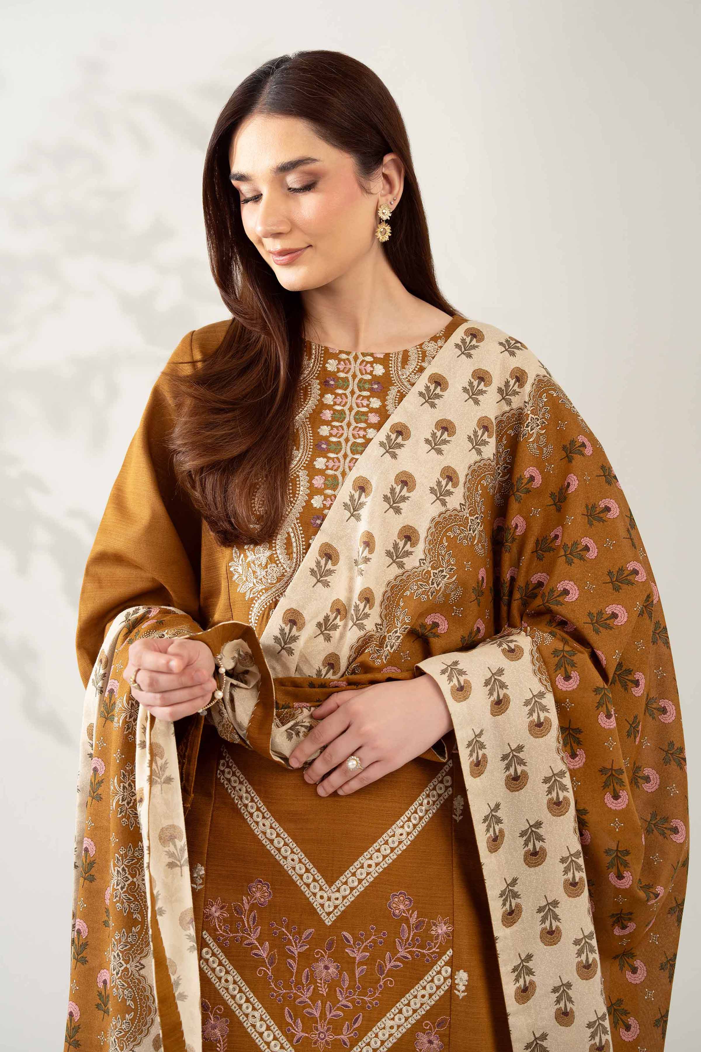 NISHATUAE - Brown Embroidered Khaddar 3-piece Unstitched Suit
