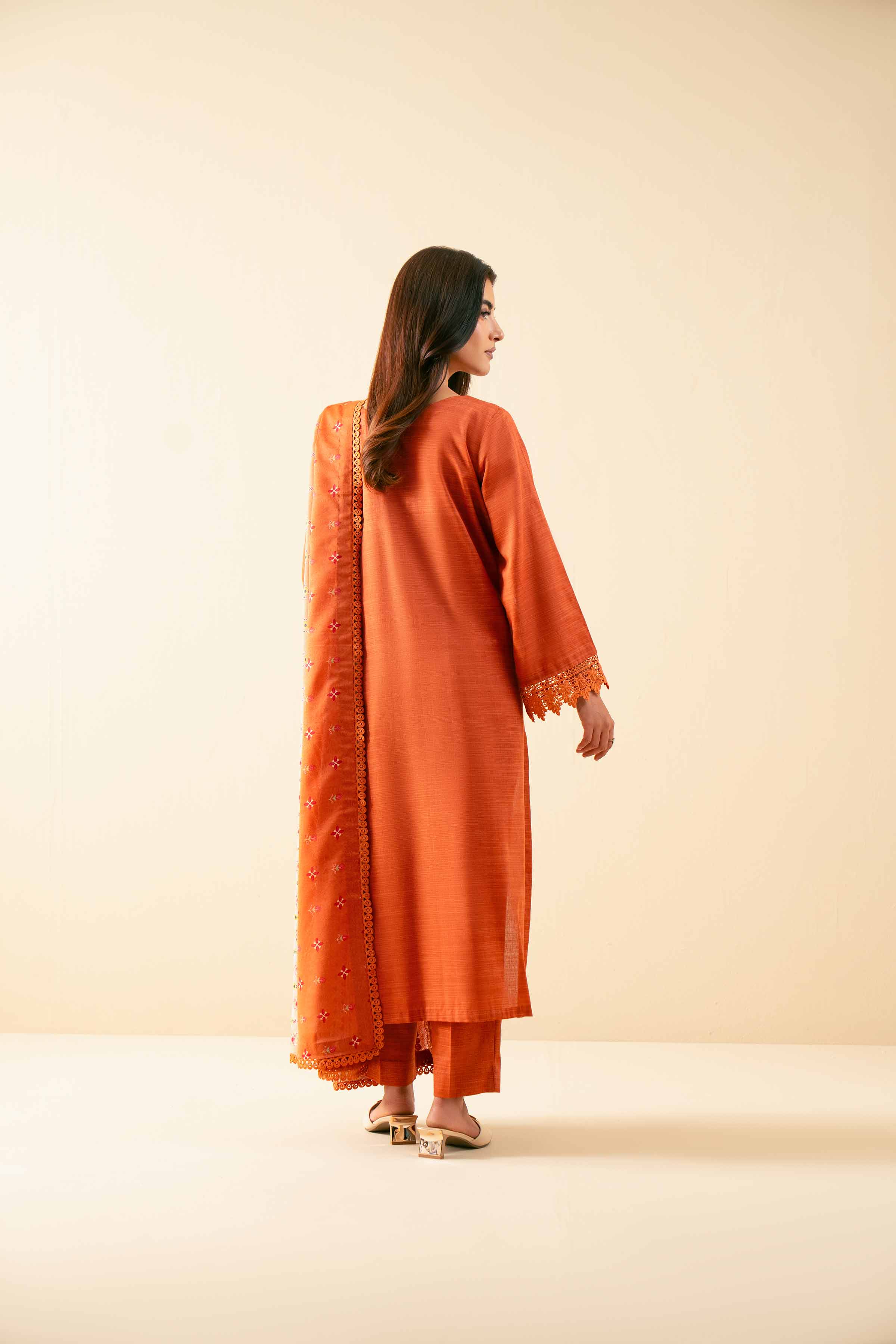 NISHATUAE - Rust Embroidered Khaddar 3-piece Unstitched Suit