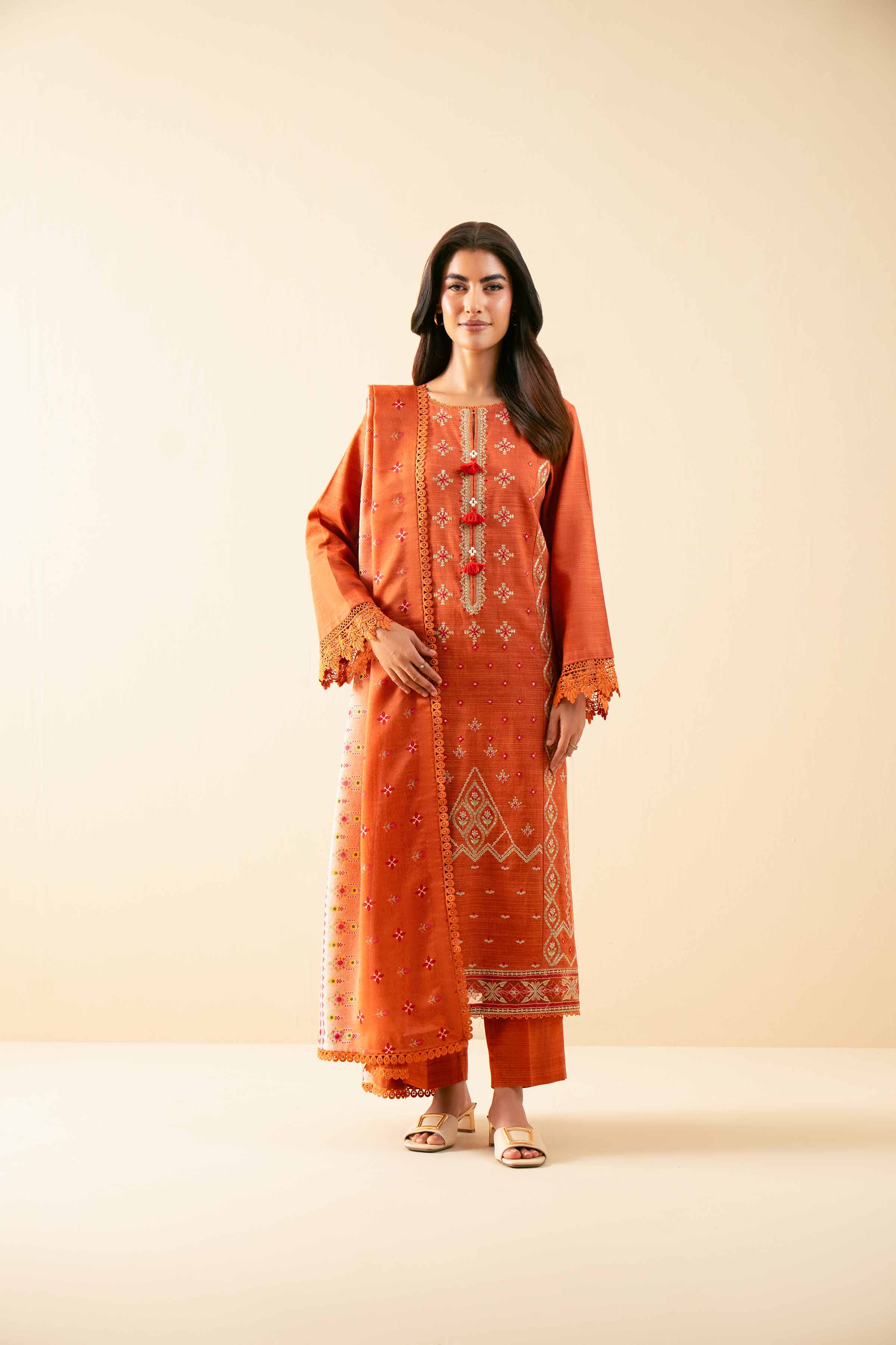 NISHATUAE - Rust Embroidered Khaddar 3-piece Unstitched Suit
