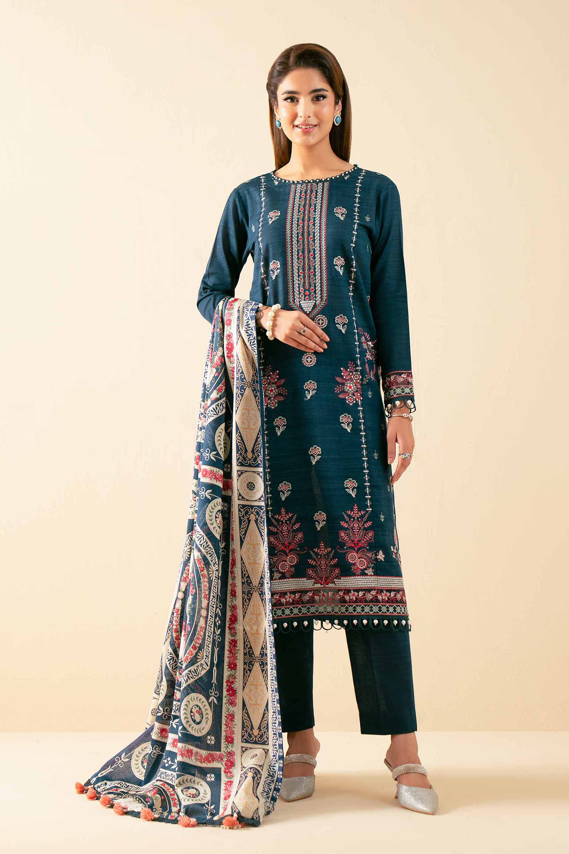 NISHATUAE - Blue Embroidered Khaddar 3-piece Unstitched Suit