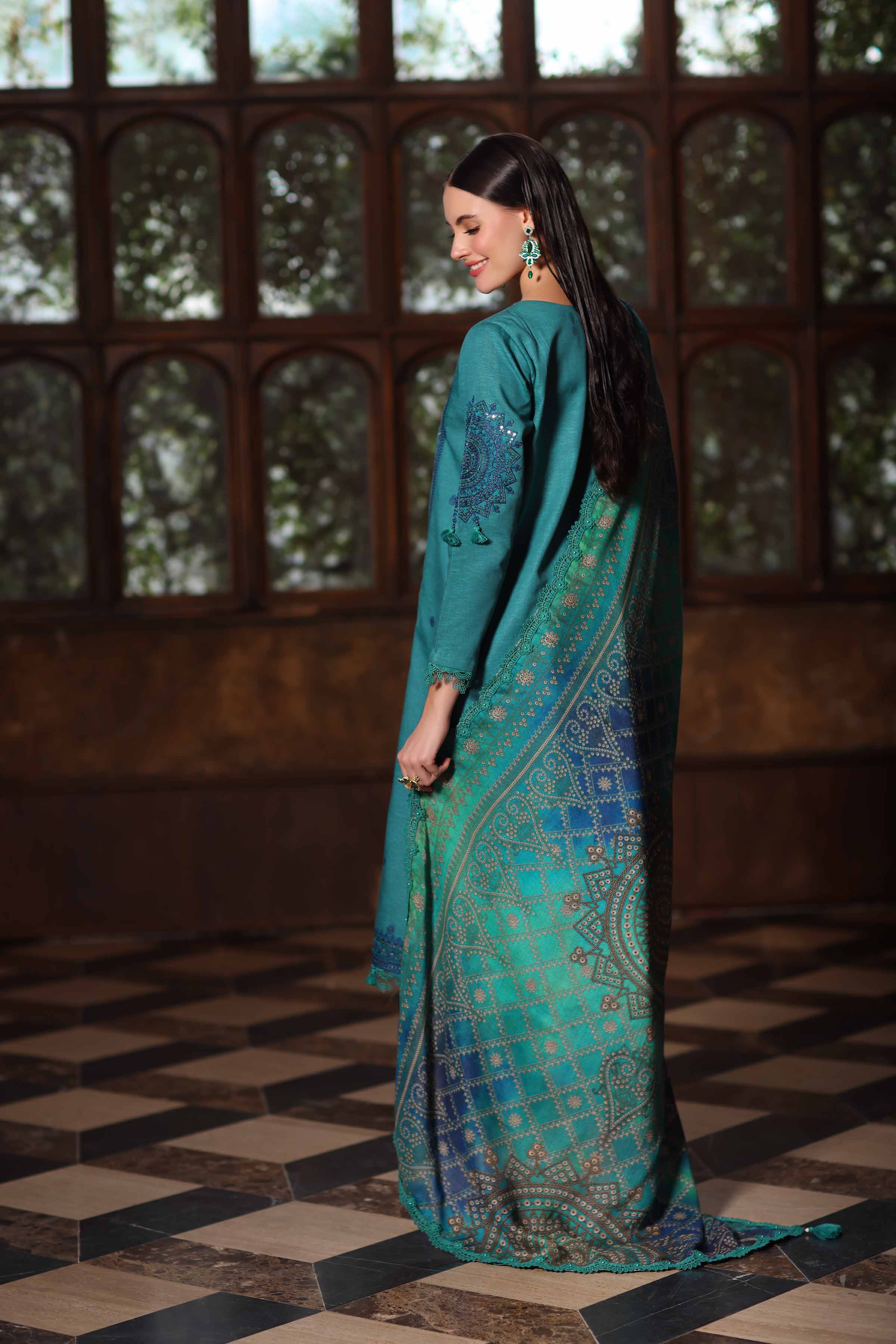 NISHATUAE - Teal Embroidered Karandi 3-piece Unstitched Suit