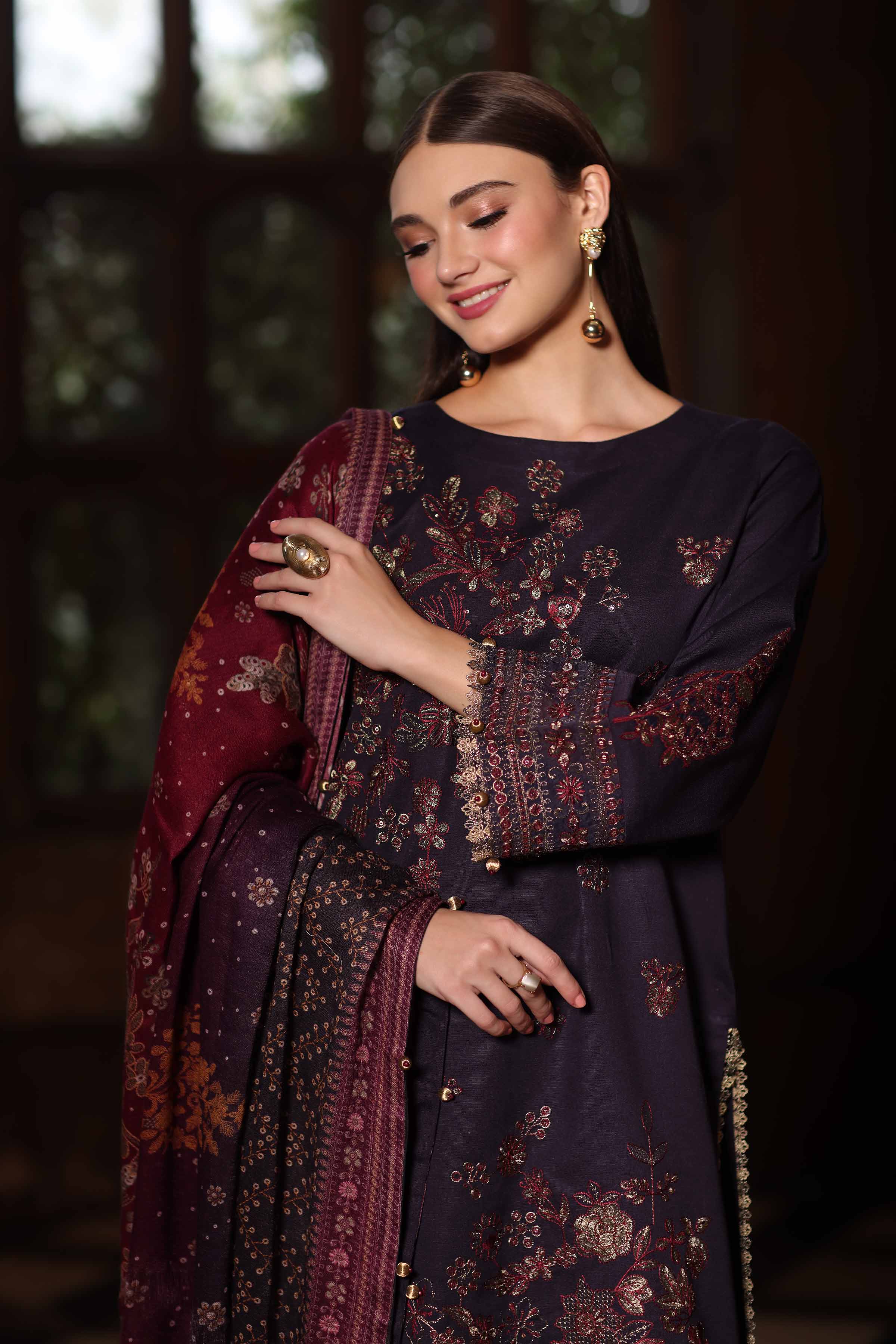 NISHATUAE - Purple Embroidered Karandi 3-piece Unstitched Suit