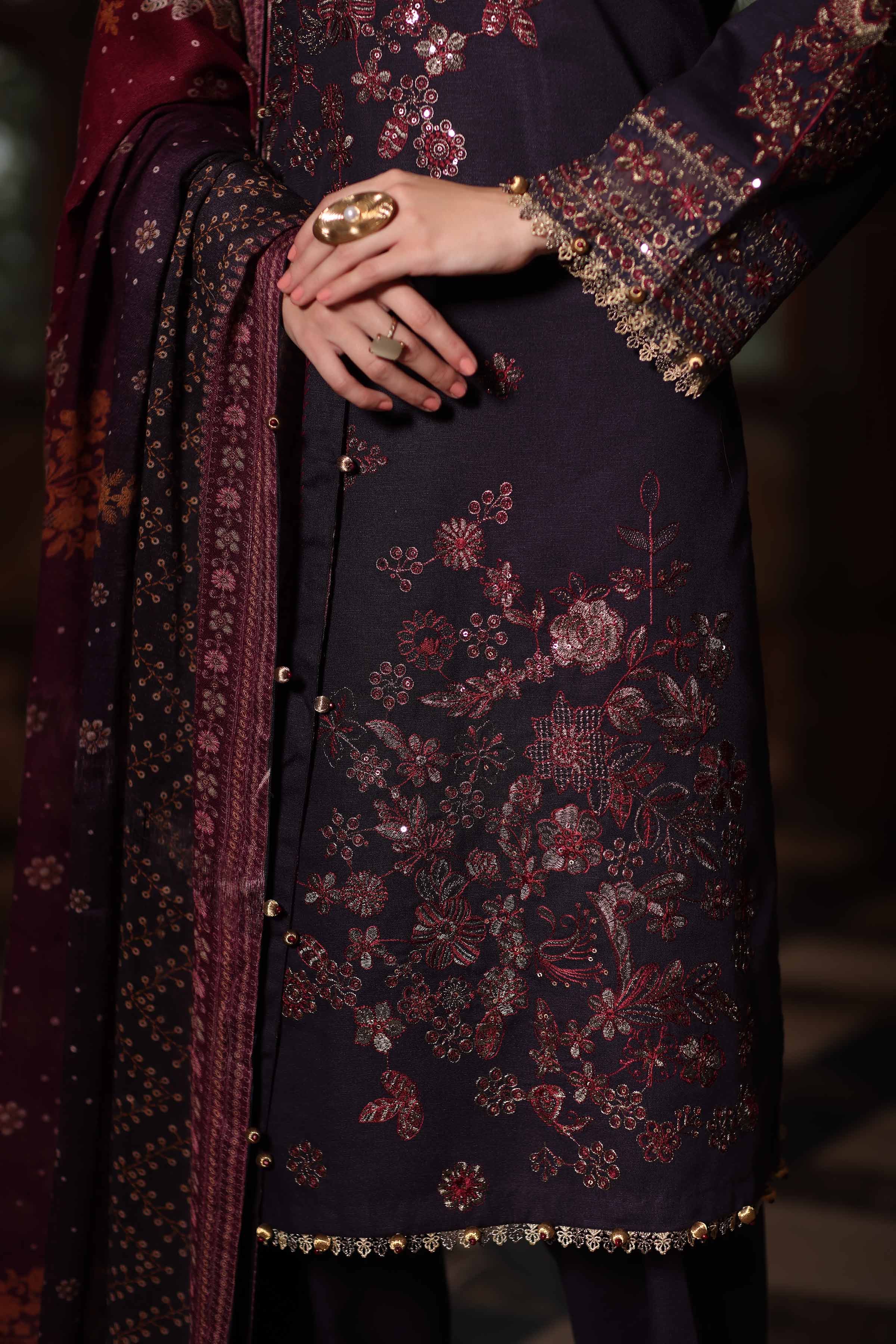 NISHATUAE - Purple Embroidered Karandi 3-piece Unstitched Suit