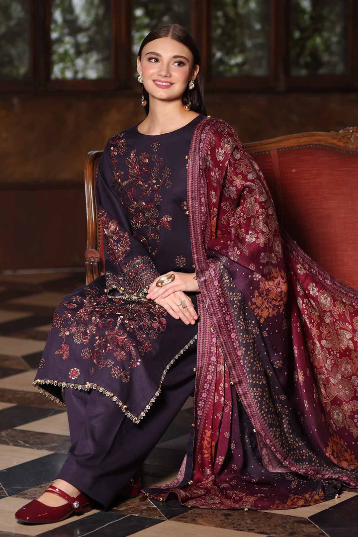 NISHATUAE - Purple Embroidered Karandi 3-piece Unstitched Suit