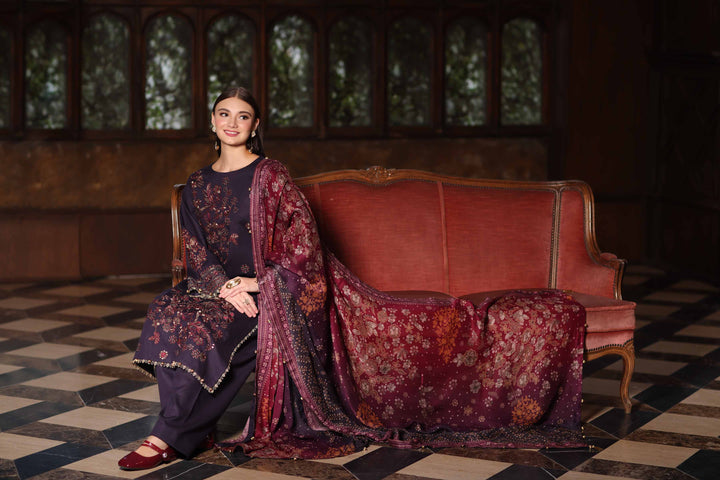 NISHATUAE - Purple Embroidered Karandi 3-piece Unstitched Suit