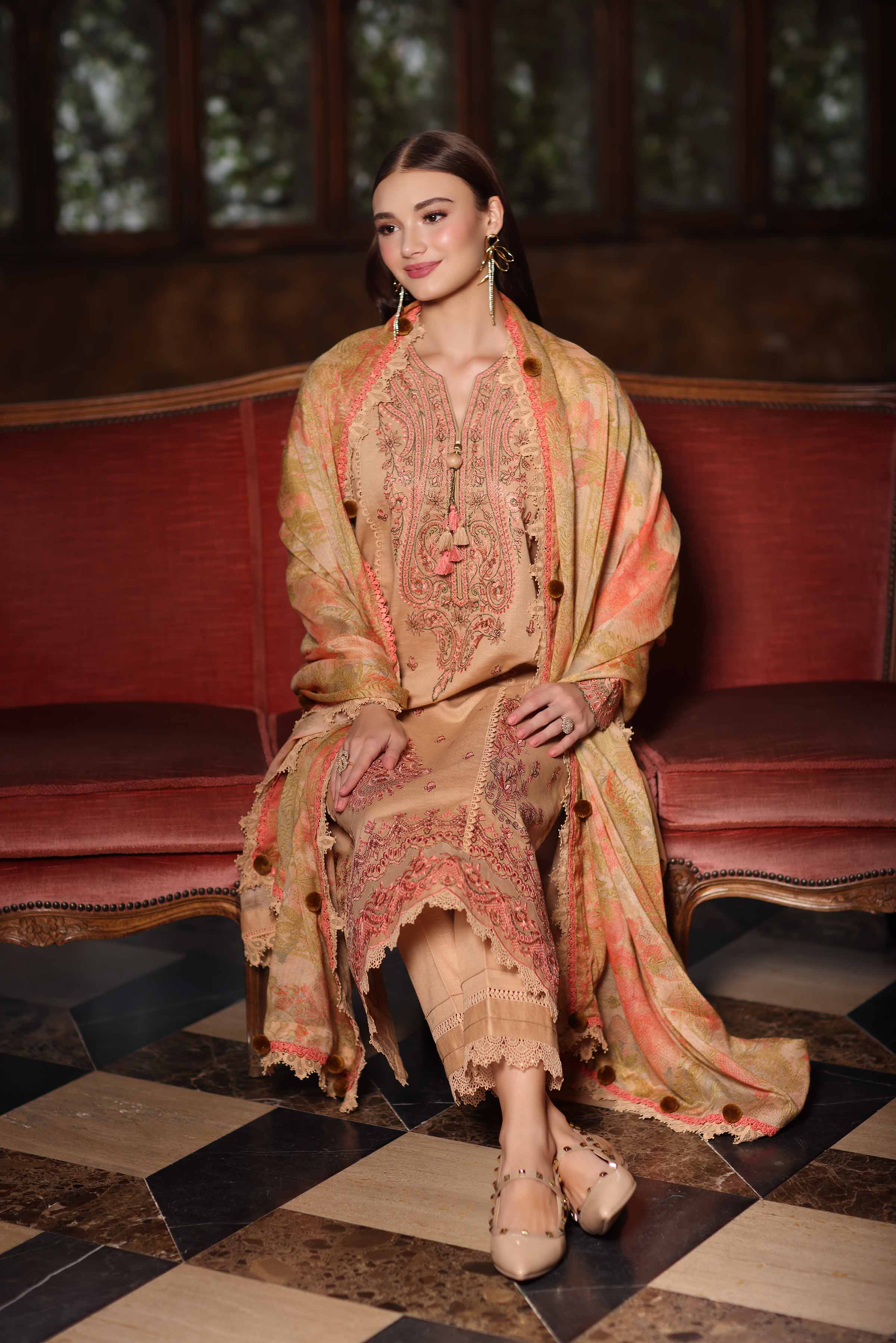 NISHATUAE - Ochre Embroidered Karandi 3-piece Unstitched Suit