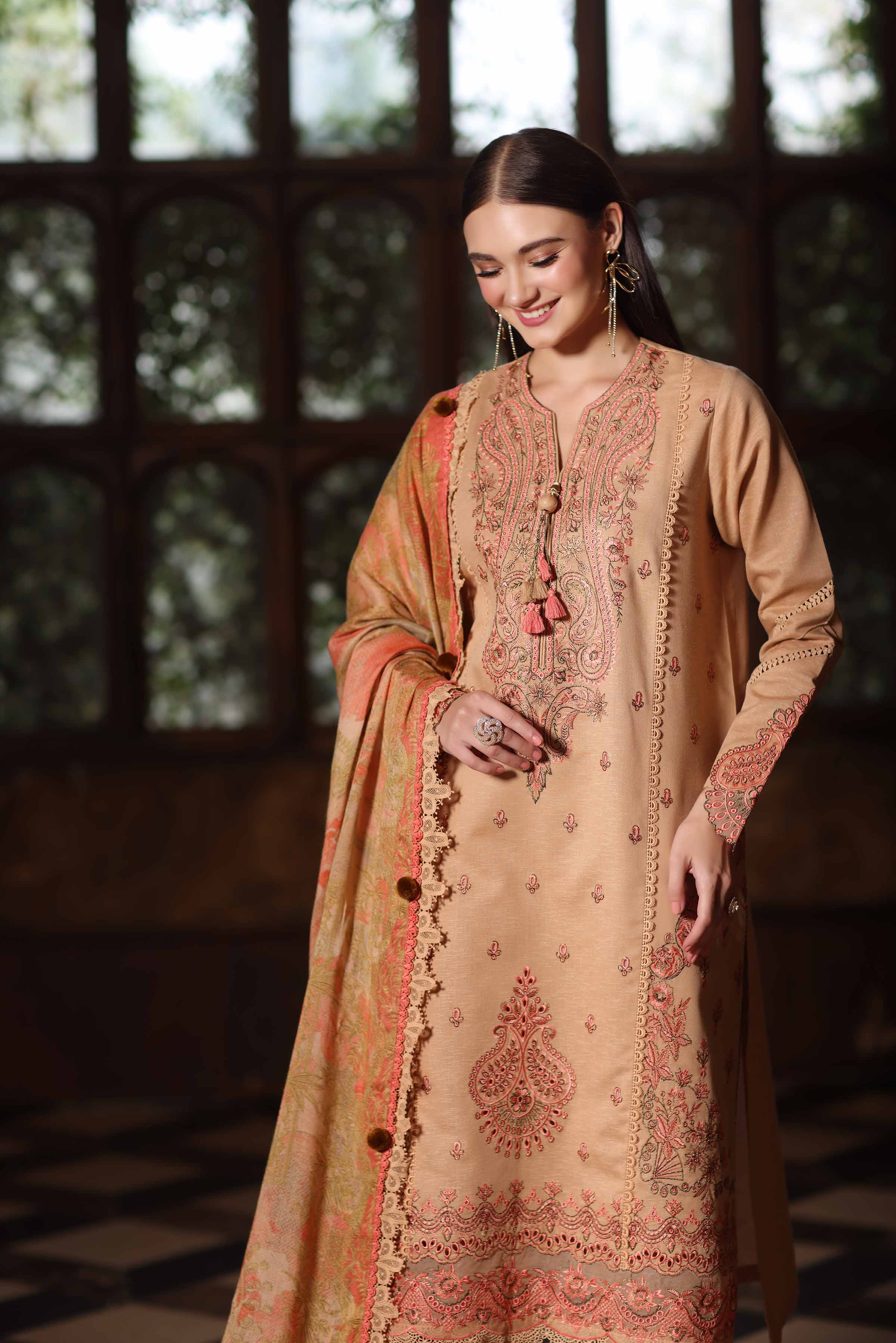 NISHATUAE - Ochre Embroidered Karandi 3-piece Unstitched Suit