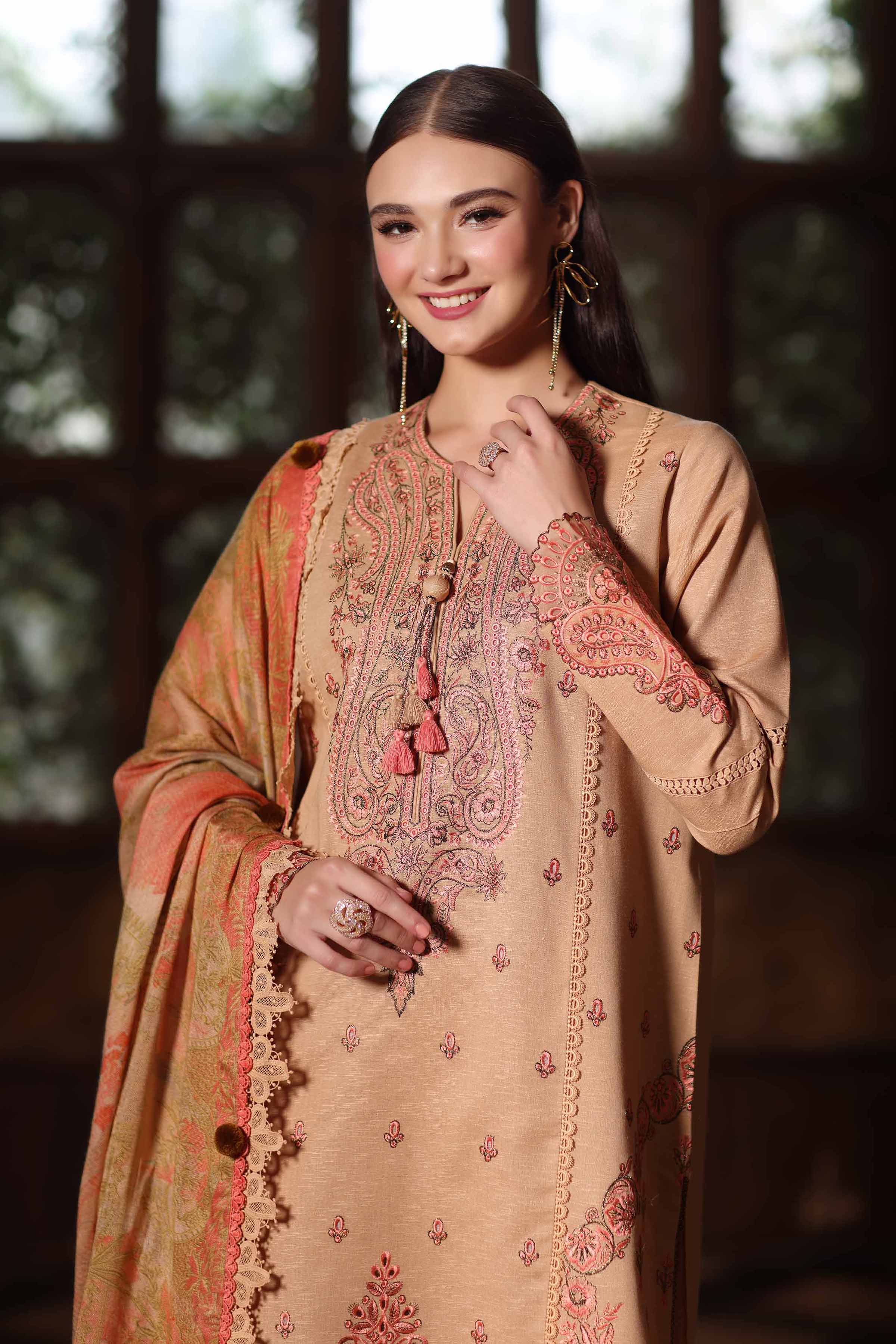 NISHATUAE - Ochre Embroidered Karandi 3-piece Unstitched Suit