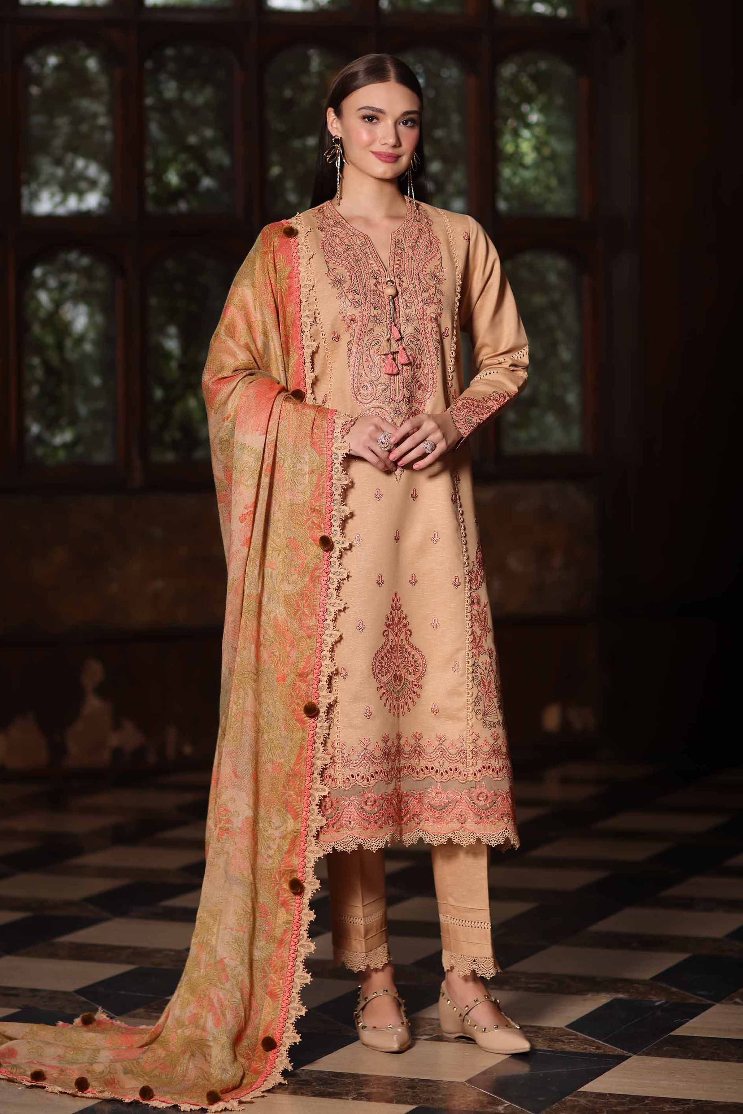 NISHATUAE - Ochre Embroidered Karandi 3-piece Unstitched Suit