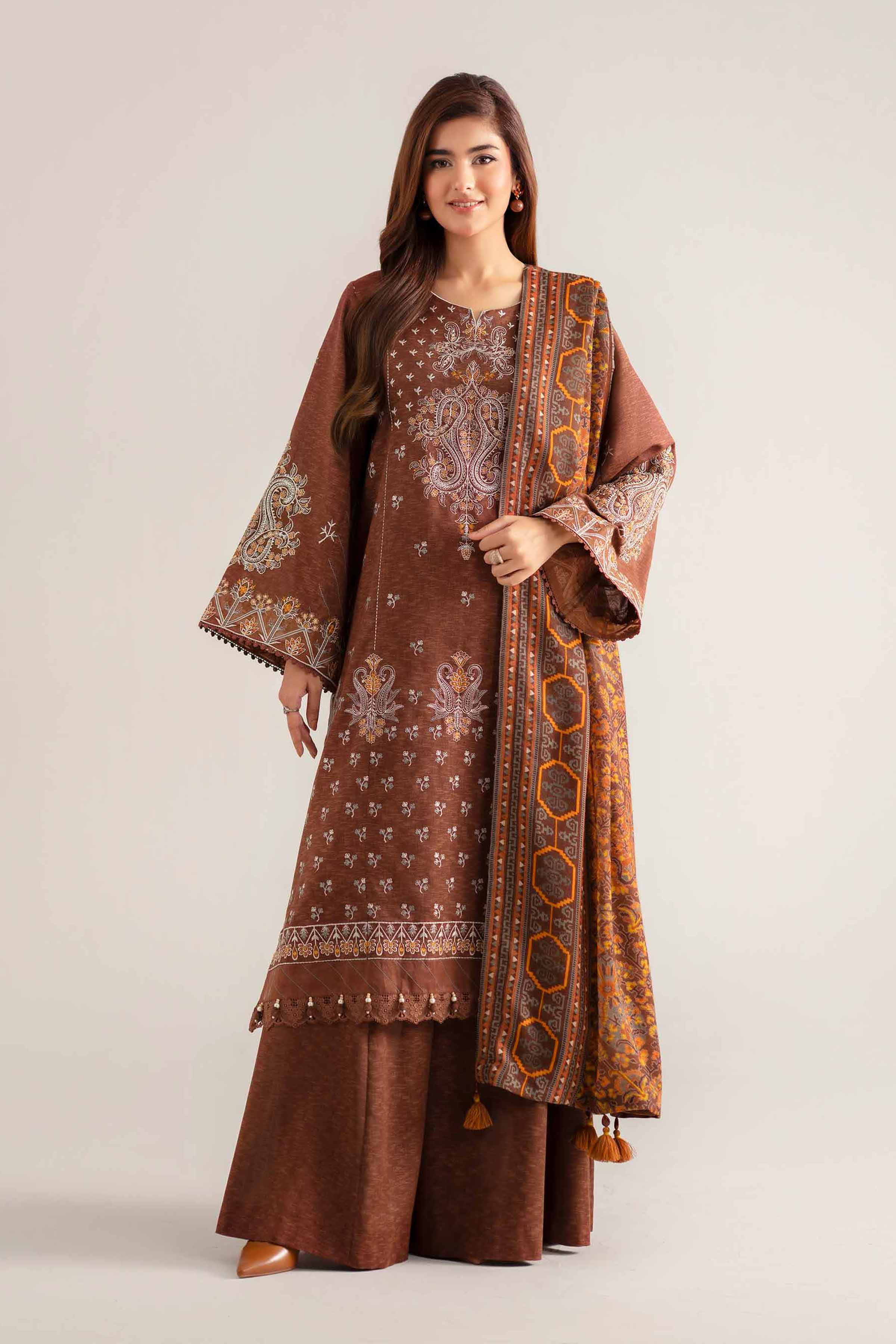 NISHATUAE - Brown Embroidered Karandi 3-piece Unstitched Suit