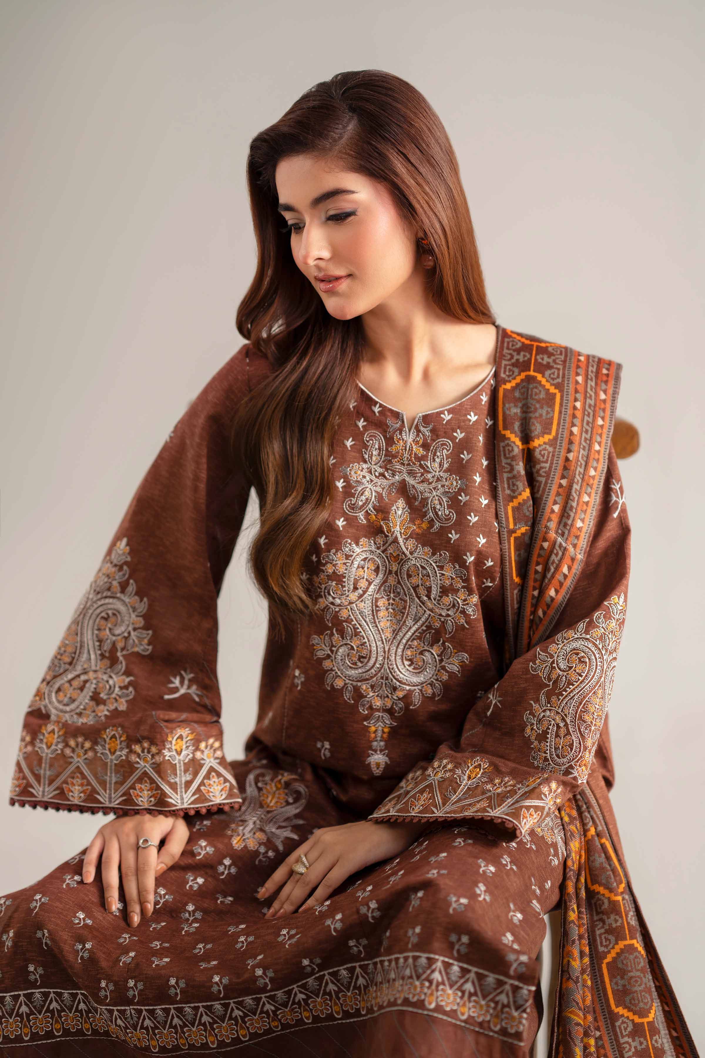 NISHATUAE - Brown Embroidered Karandi 3-piece Unstitched Suit
