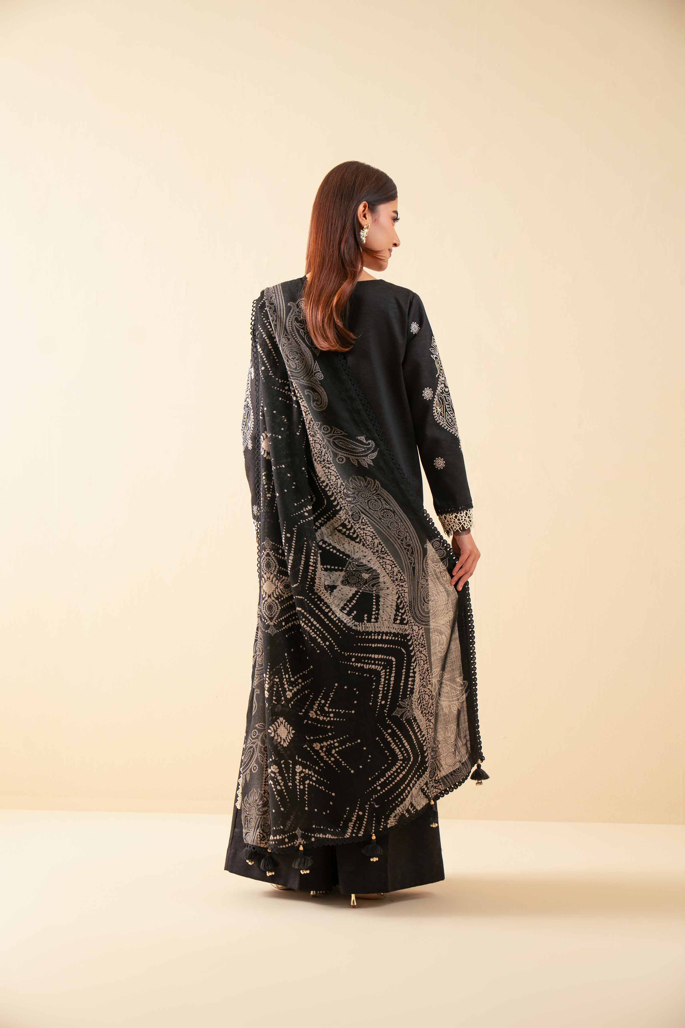 NISHATUAE - Black Embroidered Karandi 3-piece Unstitched Suit