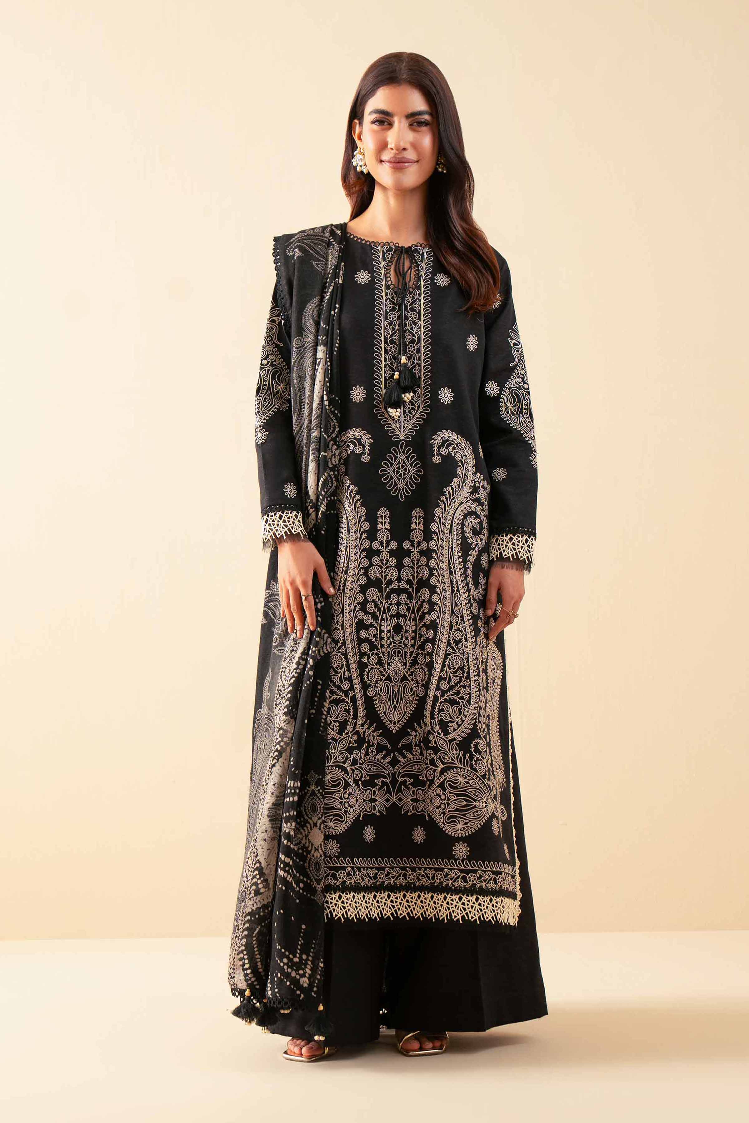 NISHATUAE - Black Embroidered Karandi 3-piece Unstitched Suit