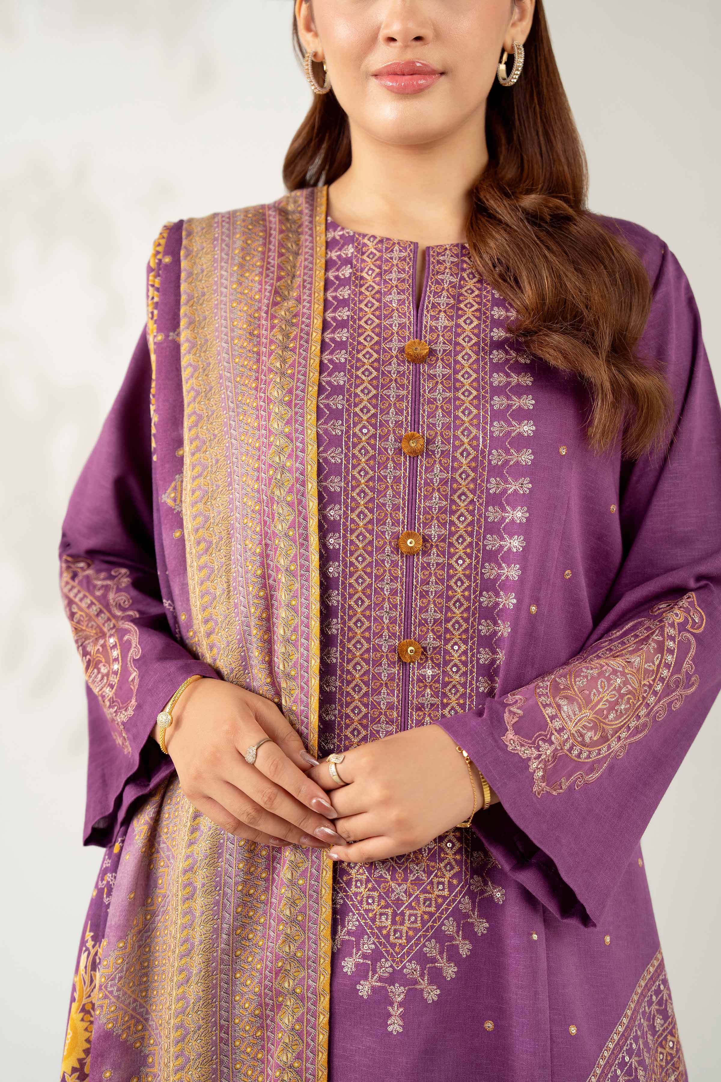 NISHATUAE - Purple Embroidered Karandi 3-piece Unstitched Suit