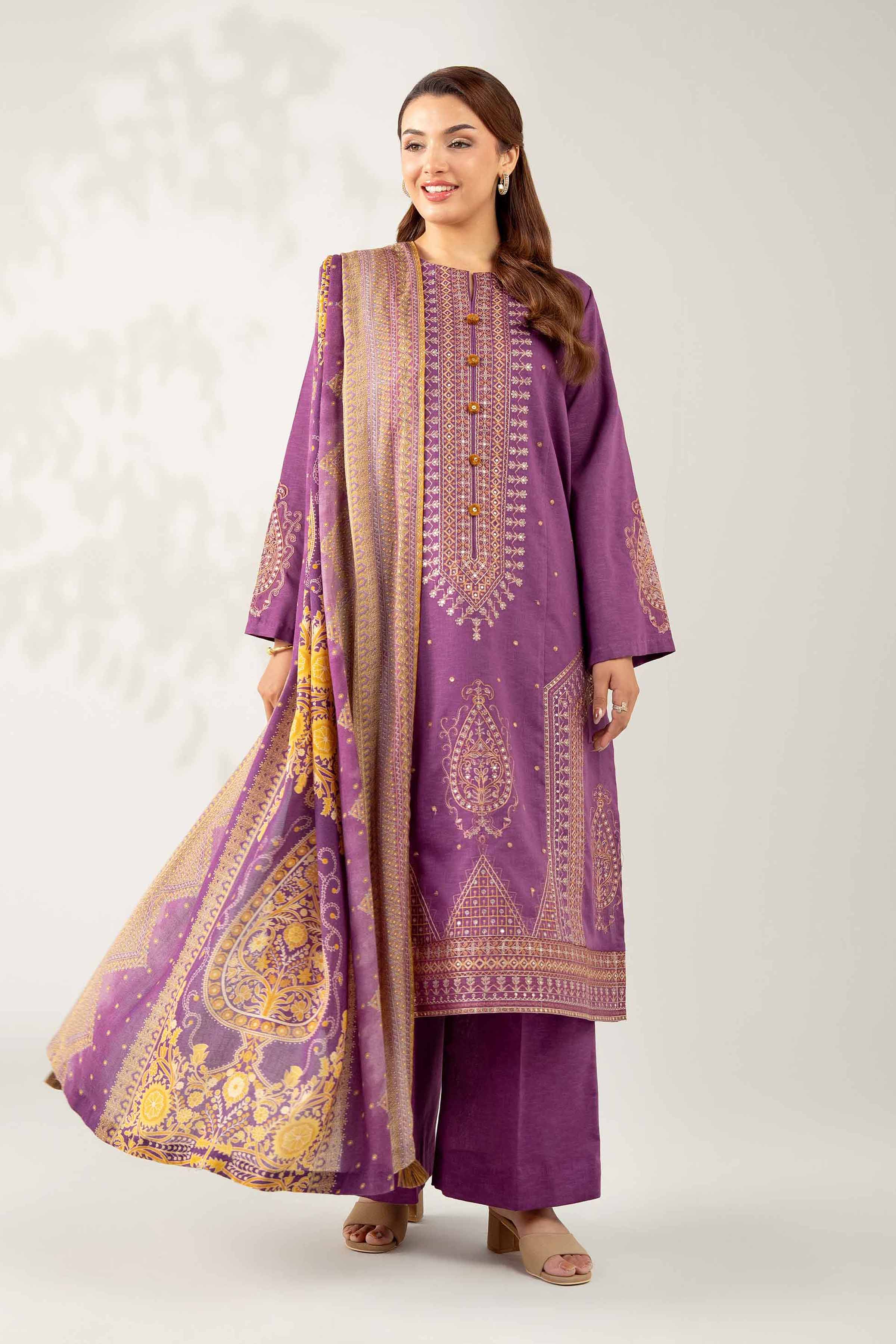 NISHATUAE - Purple Embroidered Karandi 3-piece Unstitched Suit