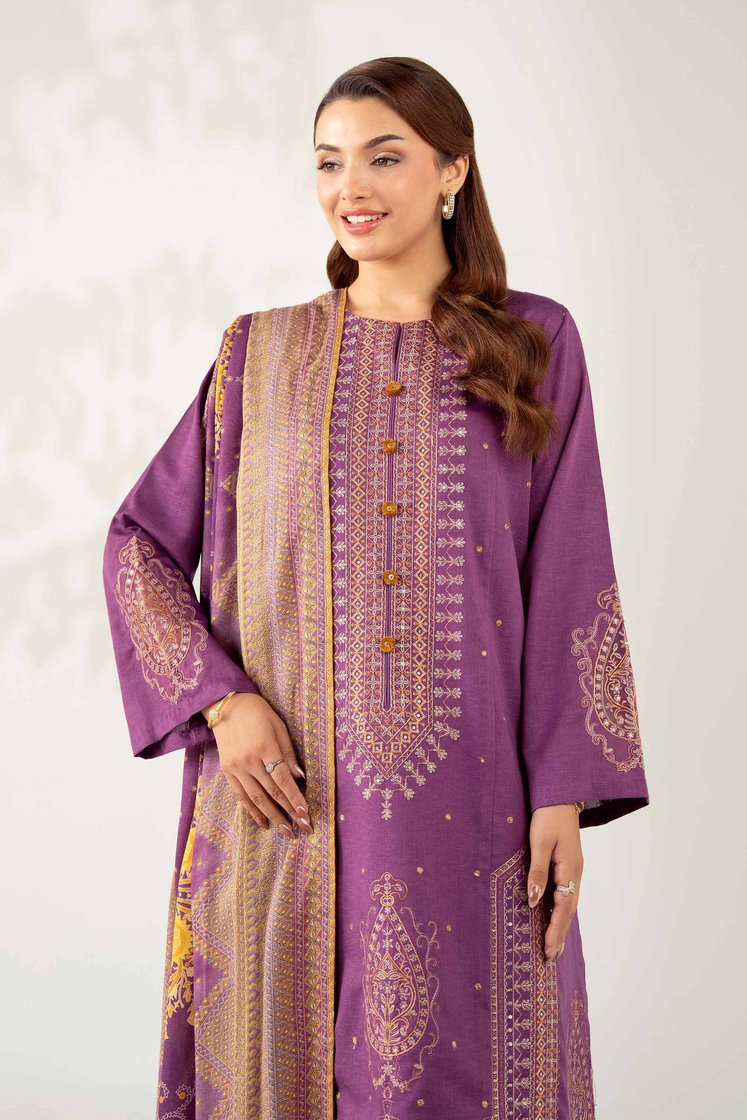 NISHATUAE - Purple Embroidered Karandi 3-piece Unstitched Suit