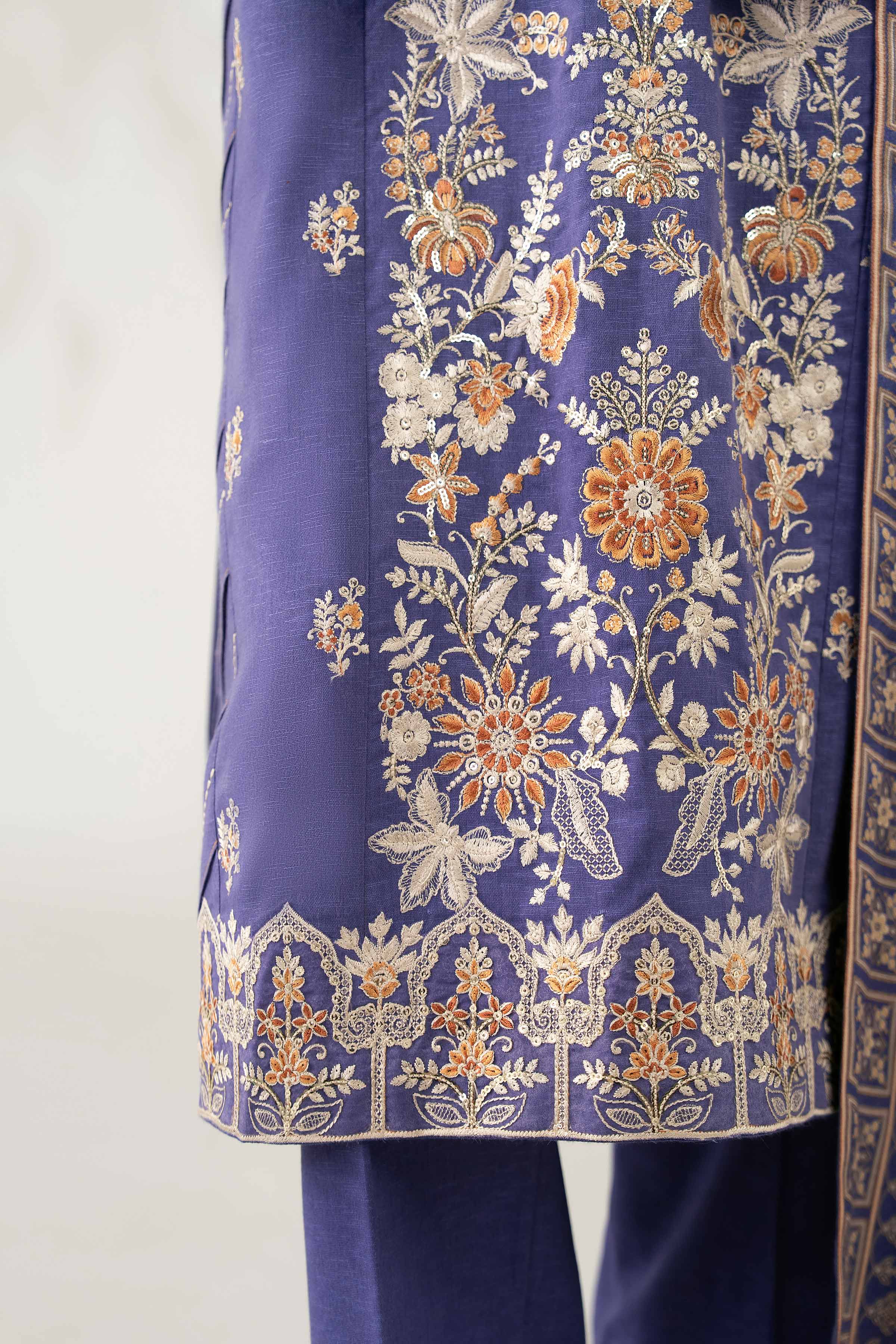 NISHATUAE - Blue Embroidered Karandi 3-piece Unstitched Suit