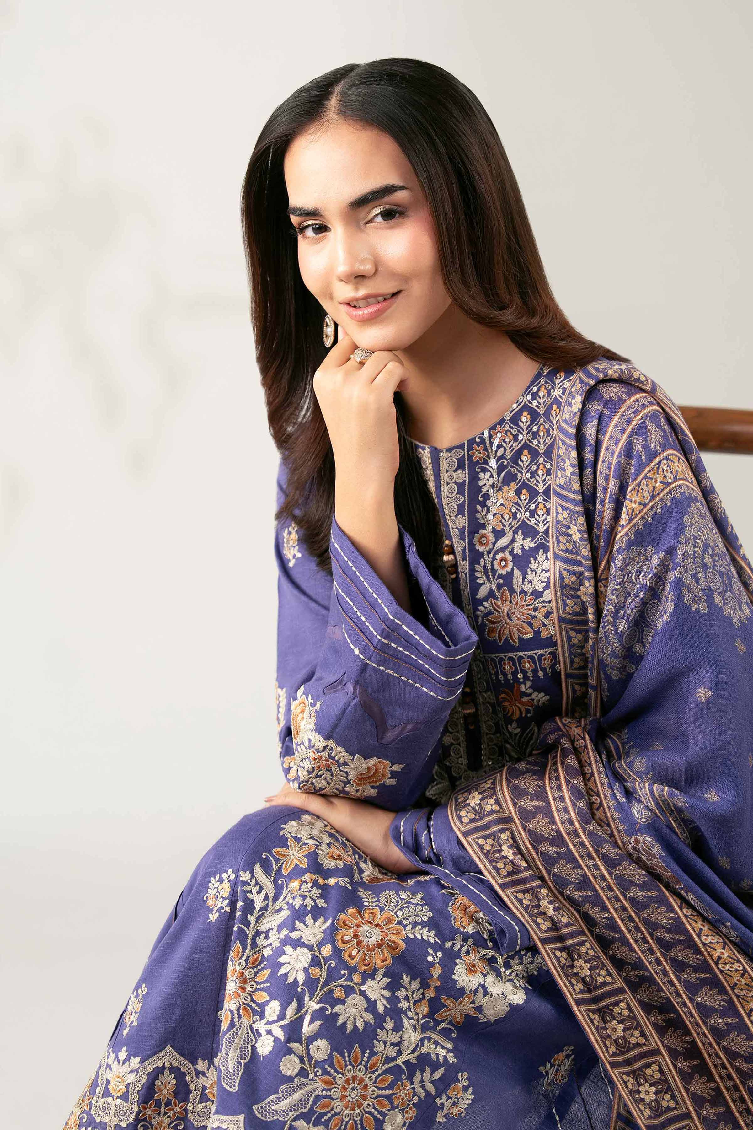 NISHATUAE - Blue Embroidered Karandi 3-piece Unstitched Suit