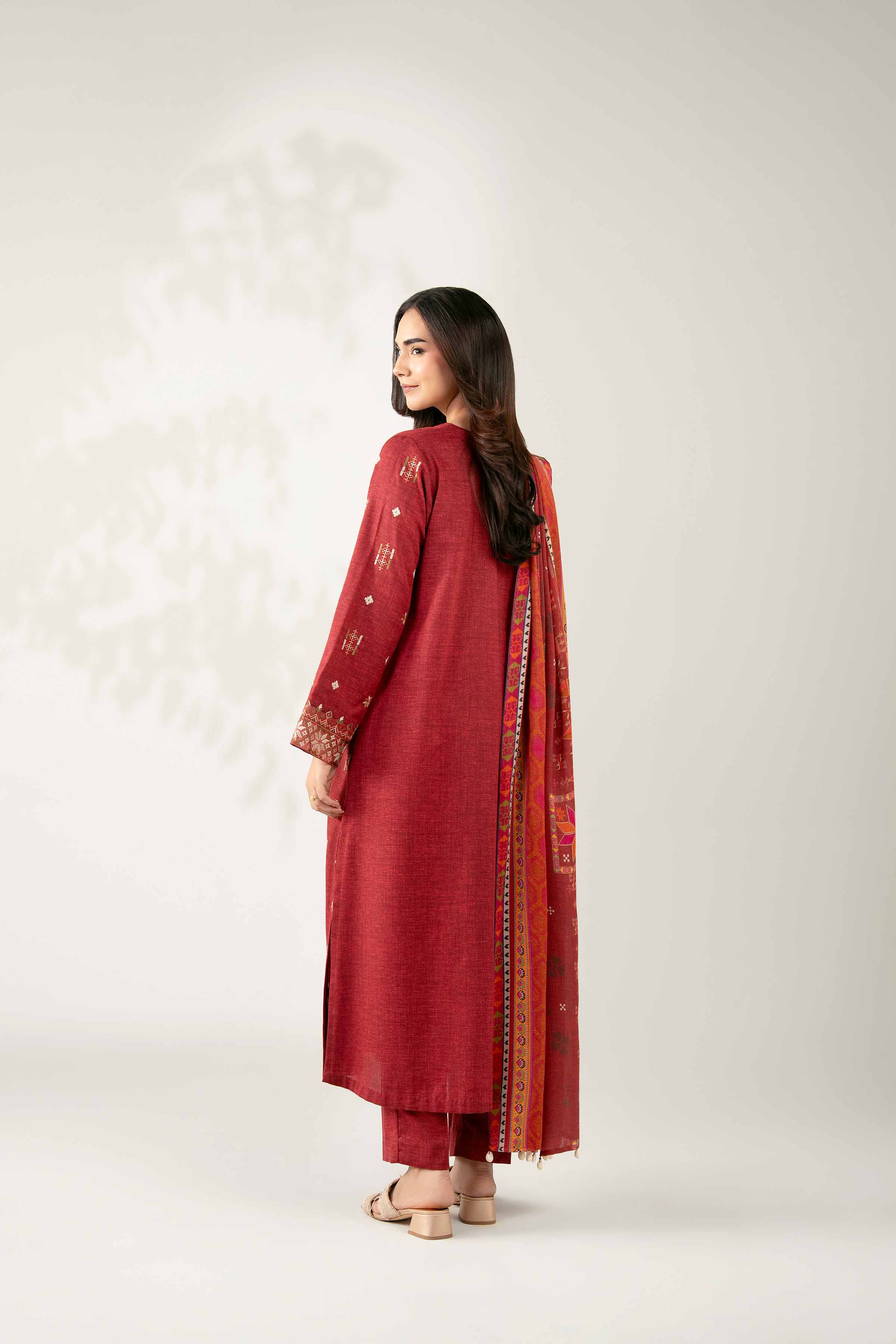 NISHATUAE - Maroon Embroidered Karandi 3-piece Unstitched Suit