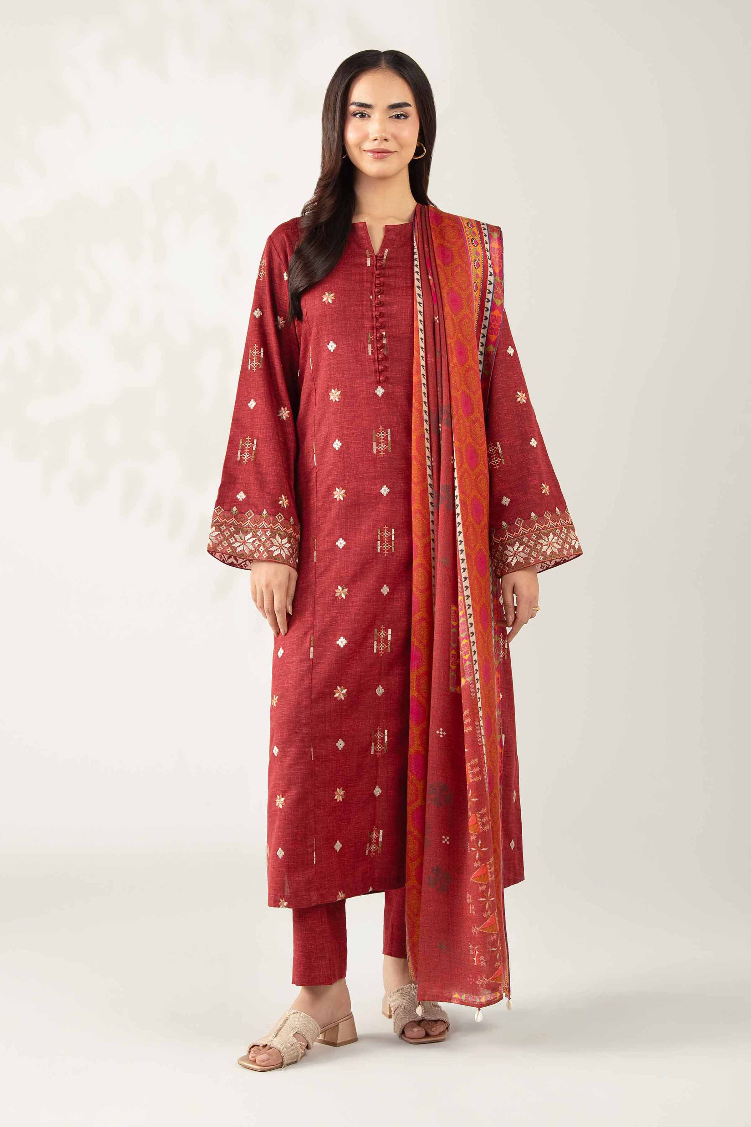 NISHATUAE - Maroon Embroidered Karandi 3-piece Unstitched Suit