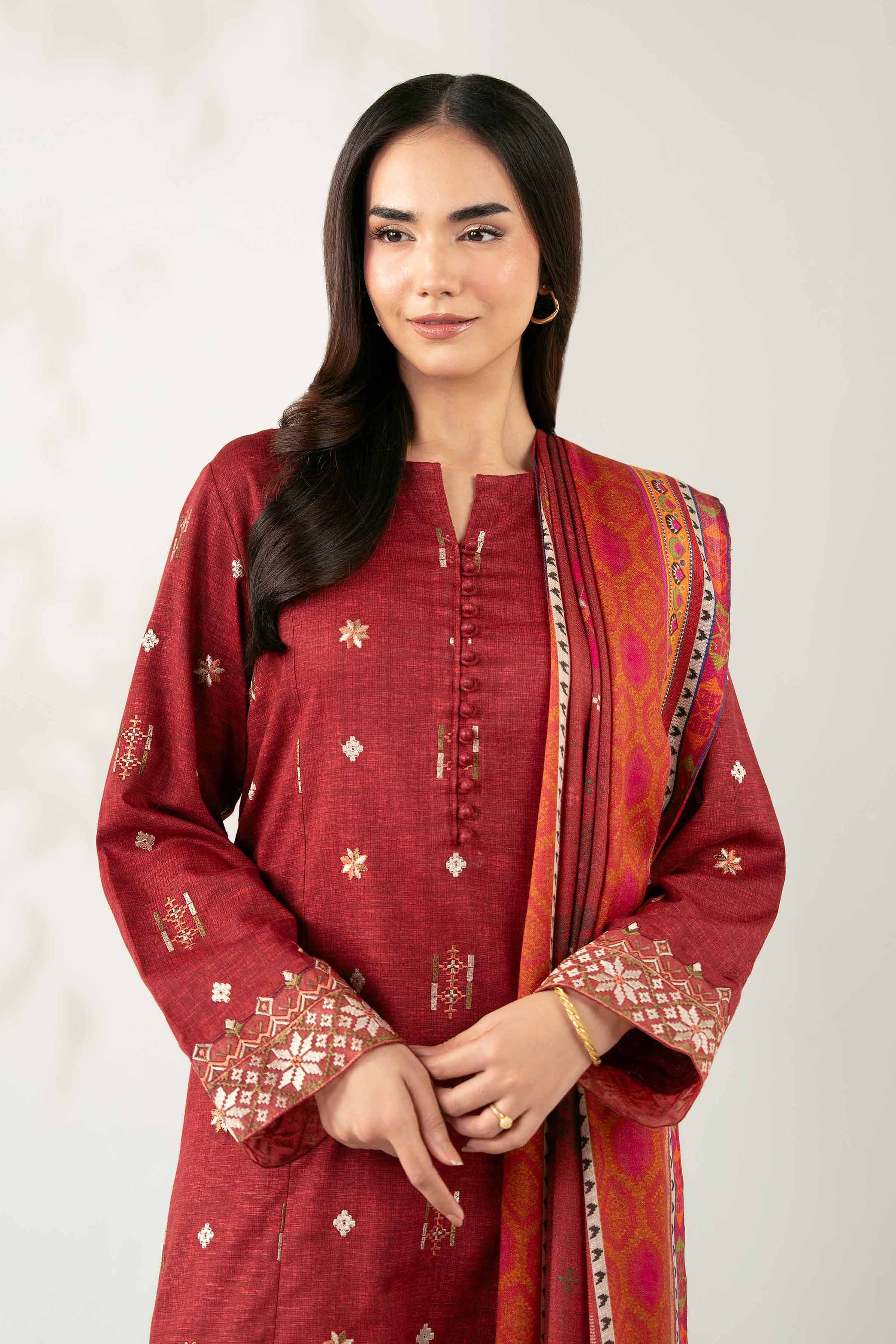 NISHATUAE - Maroon Embroidered Karandi 3-piece Unstitched Suit