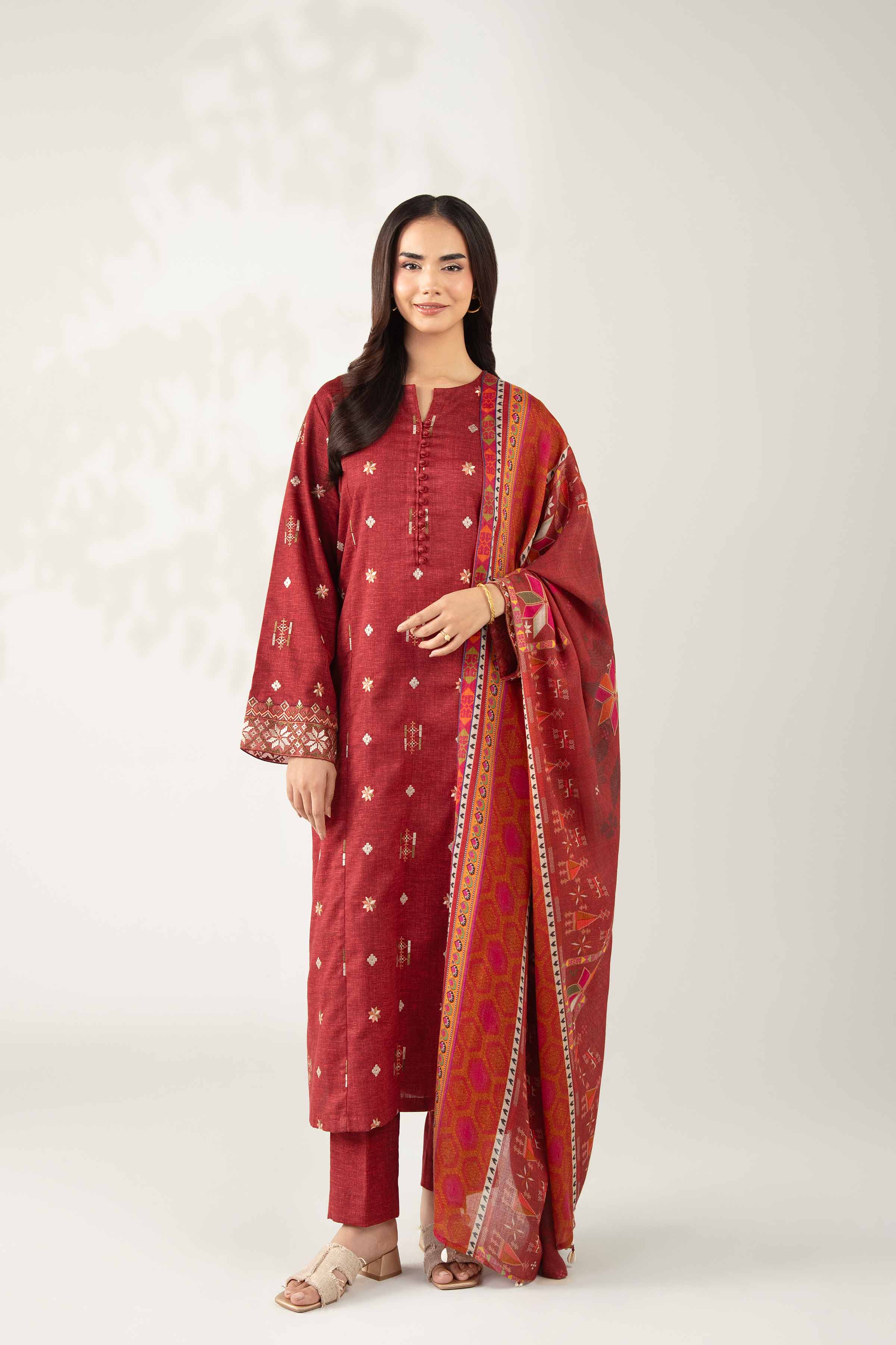 NISHATUAE - Maroon Embroidered Karandi 3-piece Unstitched Suit