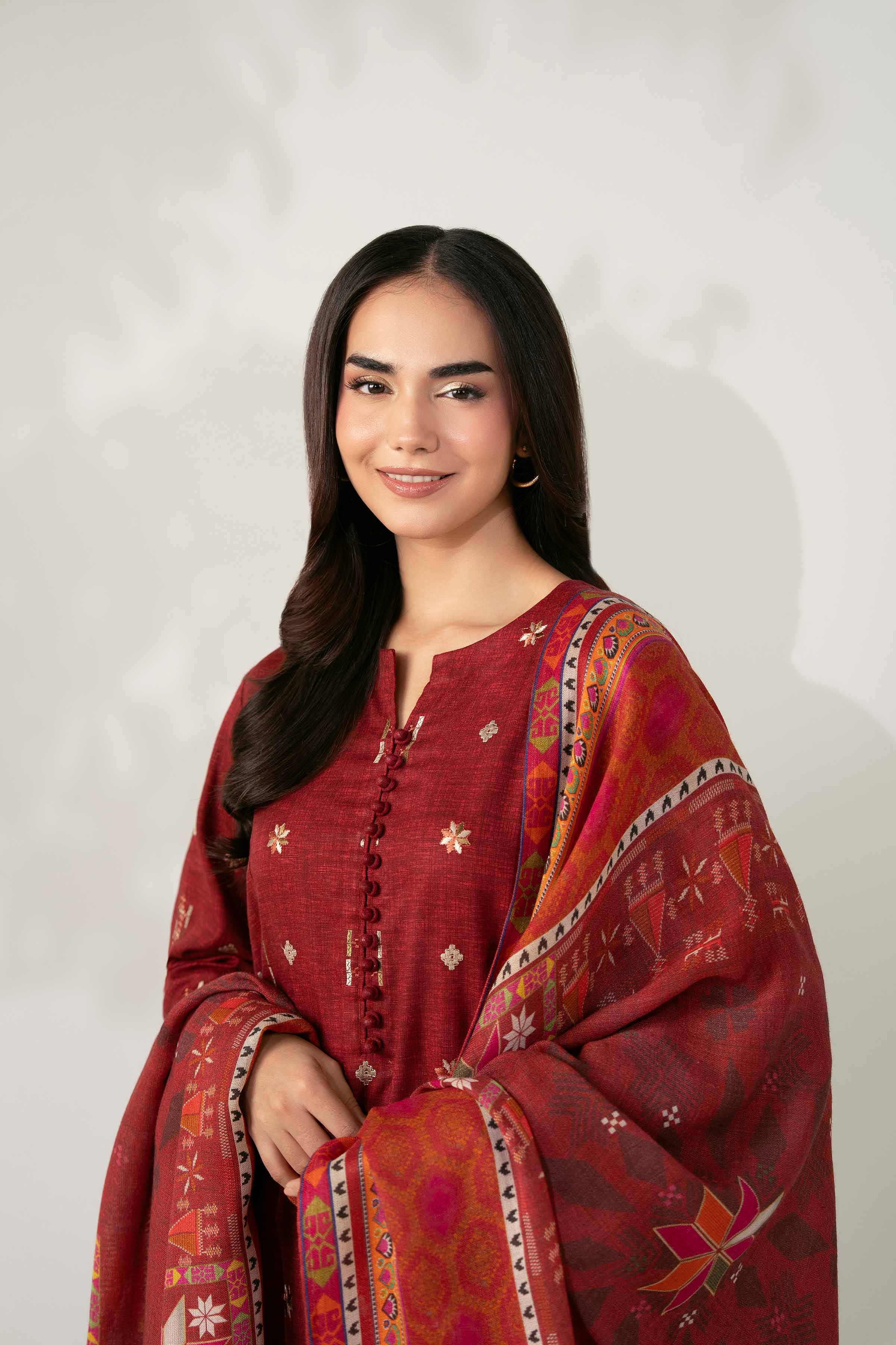 NISHATUAE - Maroon Embroidered Karandi 3-piece Unstitched Suit