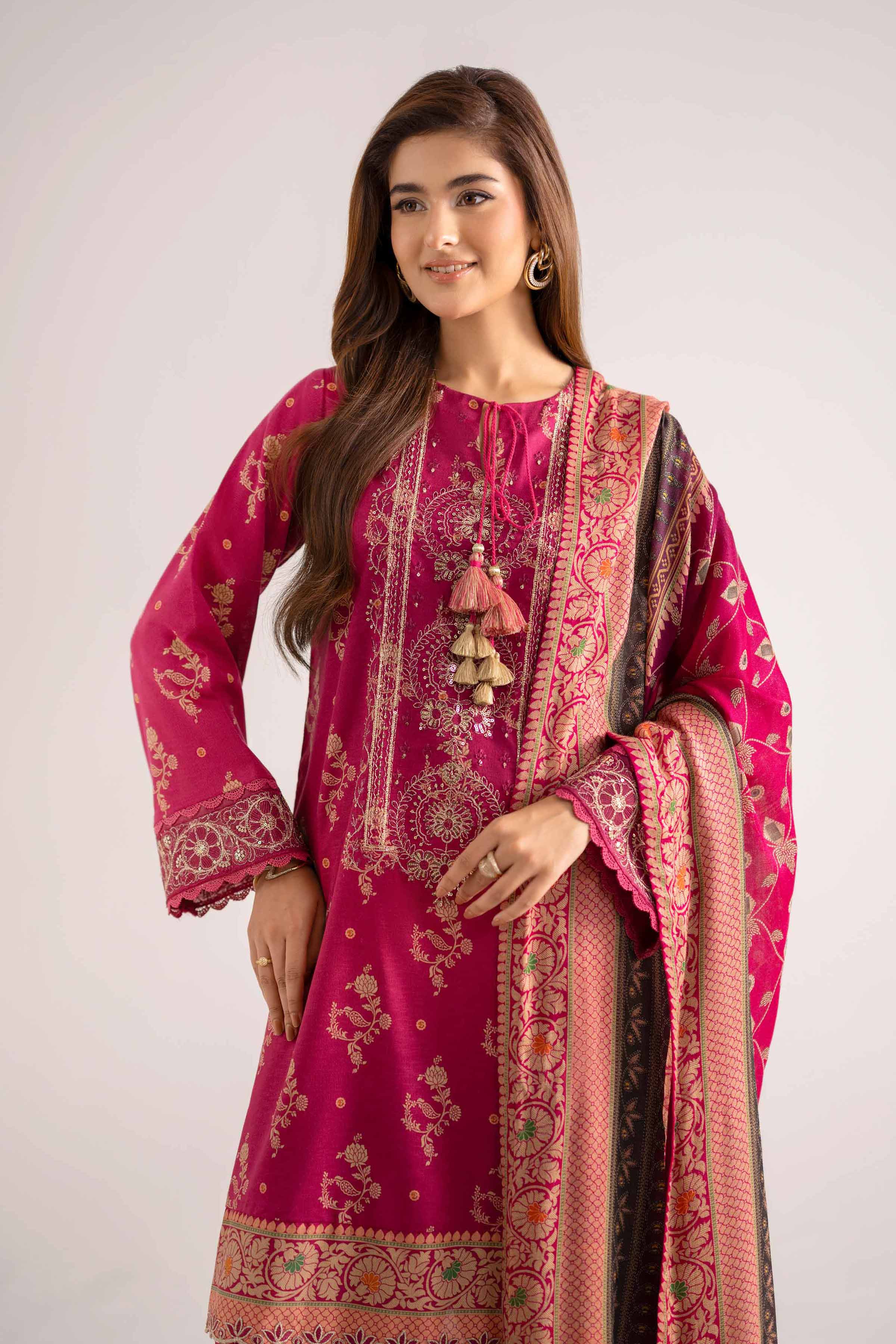 NISHATUAE - Fuchsia Embroidered Karandi 3-piece Unstitched Suit