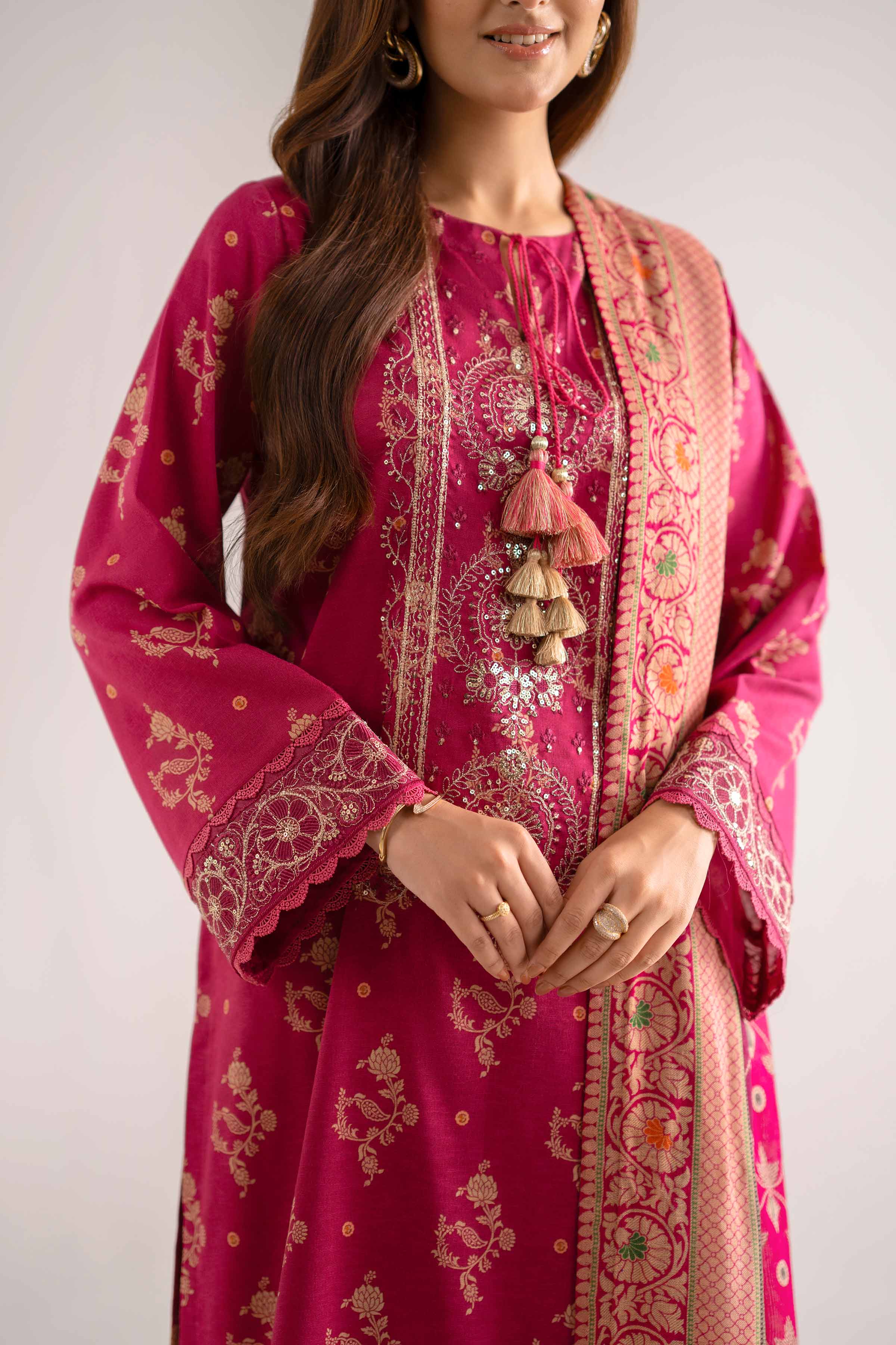 NISHATUAE - Fuchsia Embroidered Karandi 3-piece Unstitched Suit