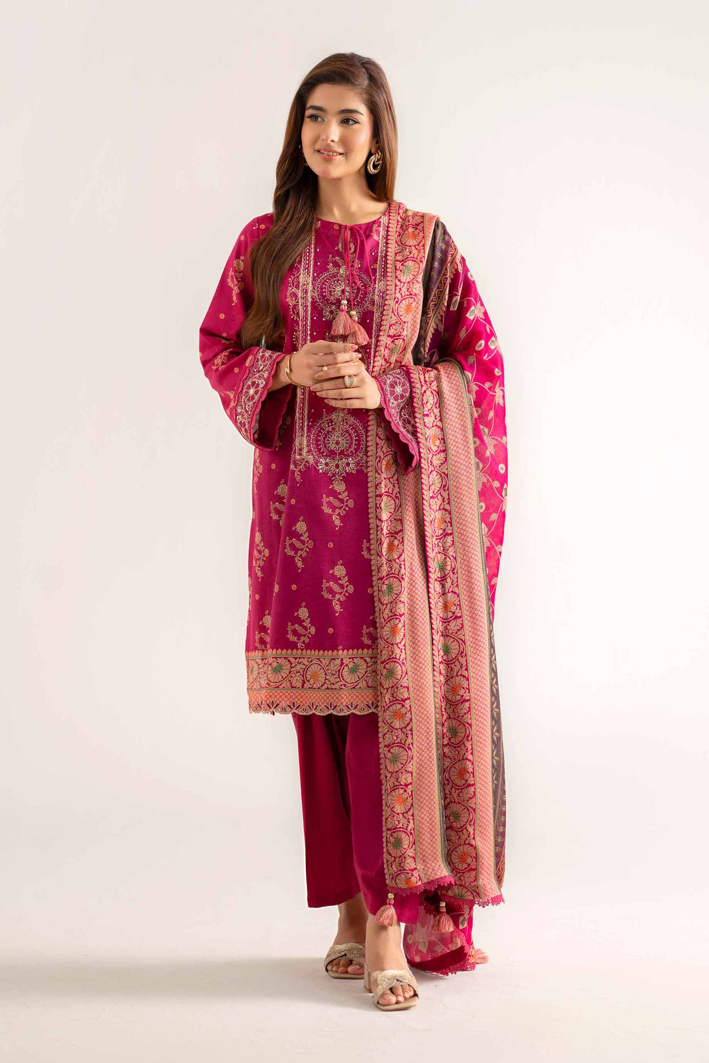 NISHATUAE - Fuchsia Embroidered Karandi 3-piece Unstitched Suit