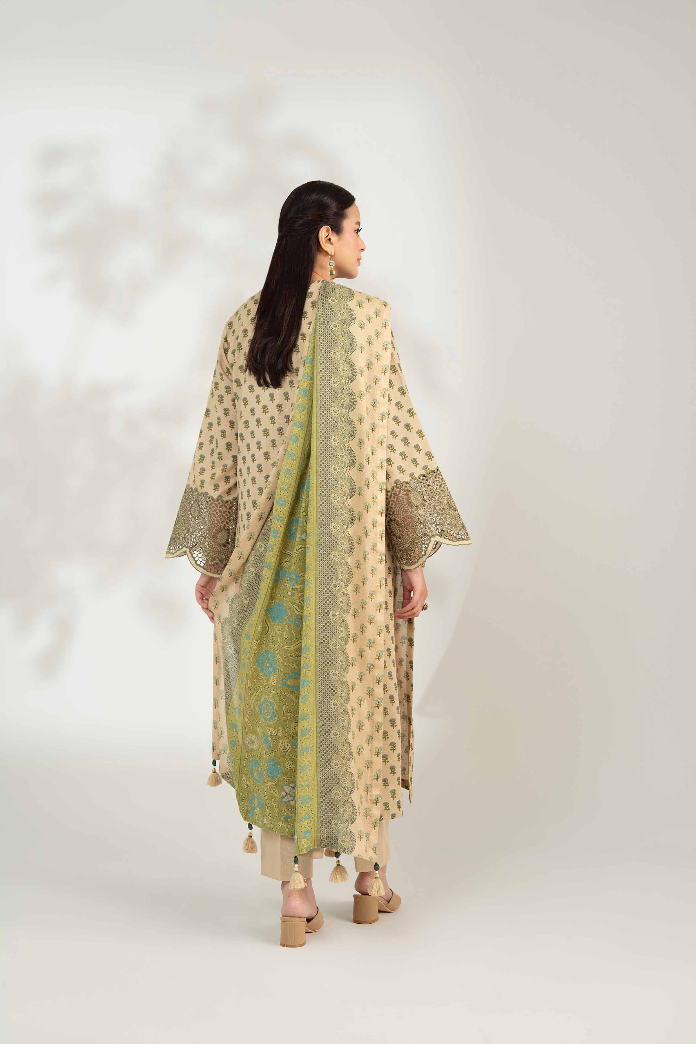 NISHATUAE - Beige Embroidered Karandi 3-piece Unstitched Suit