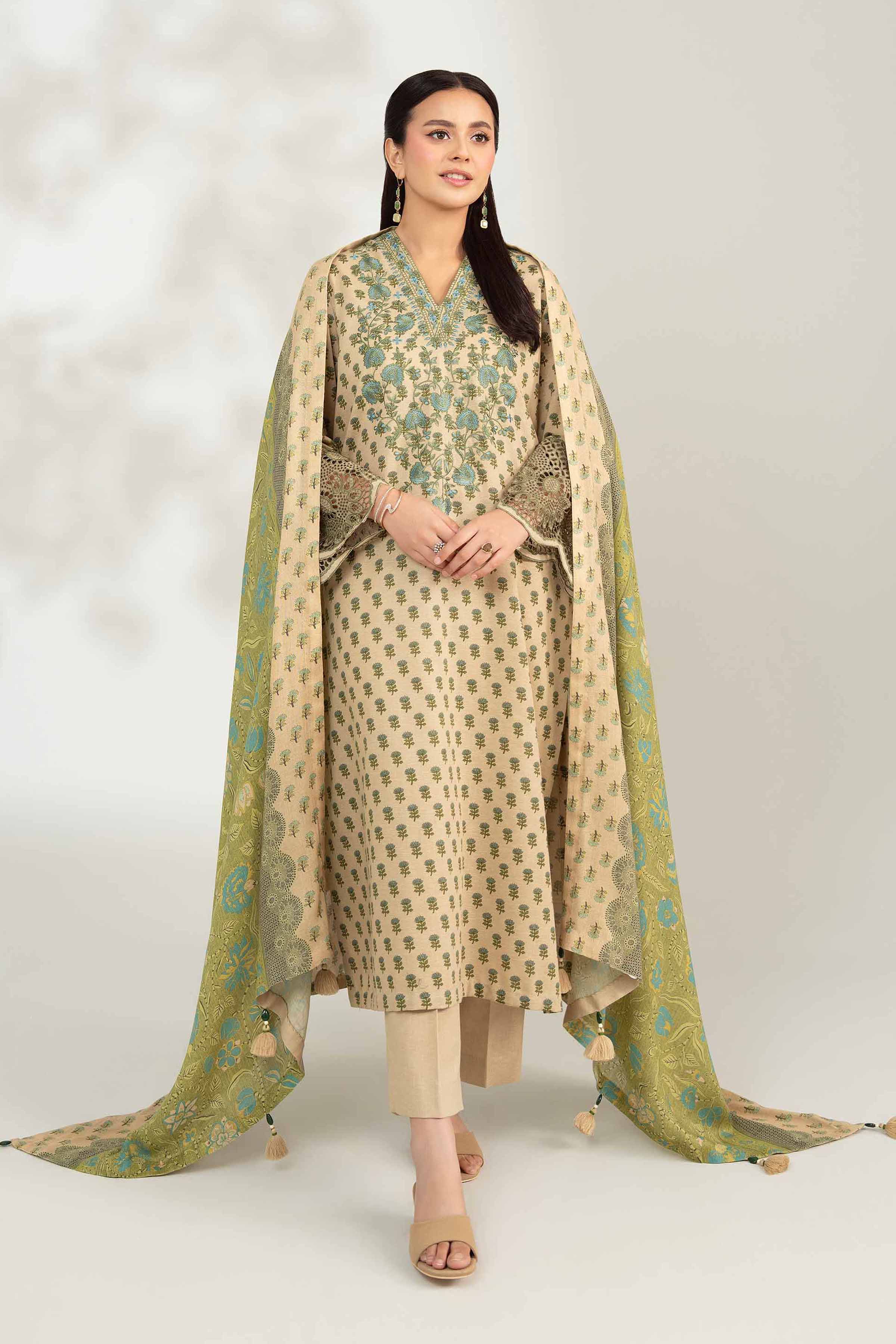 NISHATUAE - Beige Embroidered Karandi 3-piece Unstitched Suit