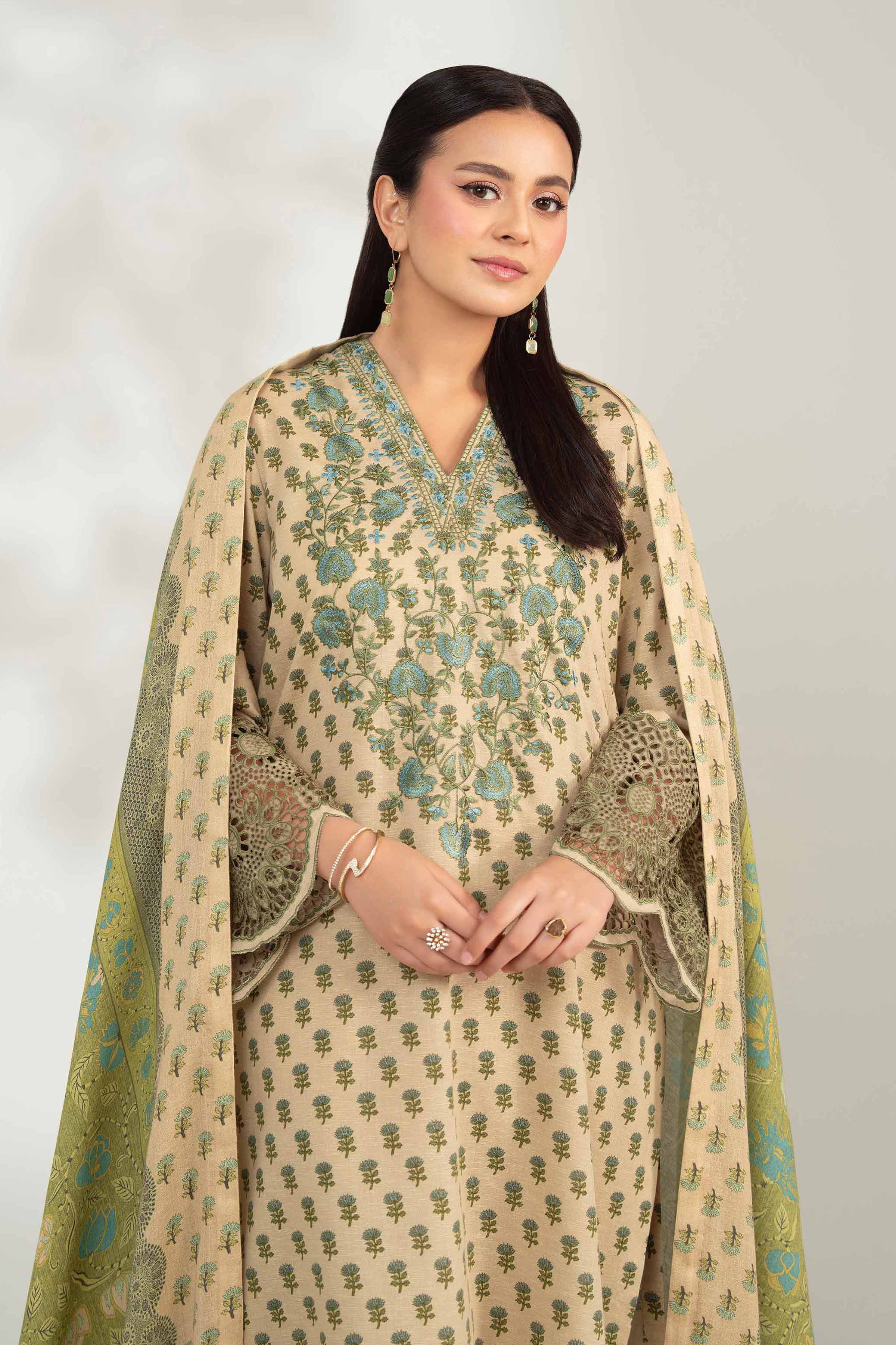 NISHATUAE - Beige Embroidered Karandi 3-piece Unstitched Suit