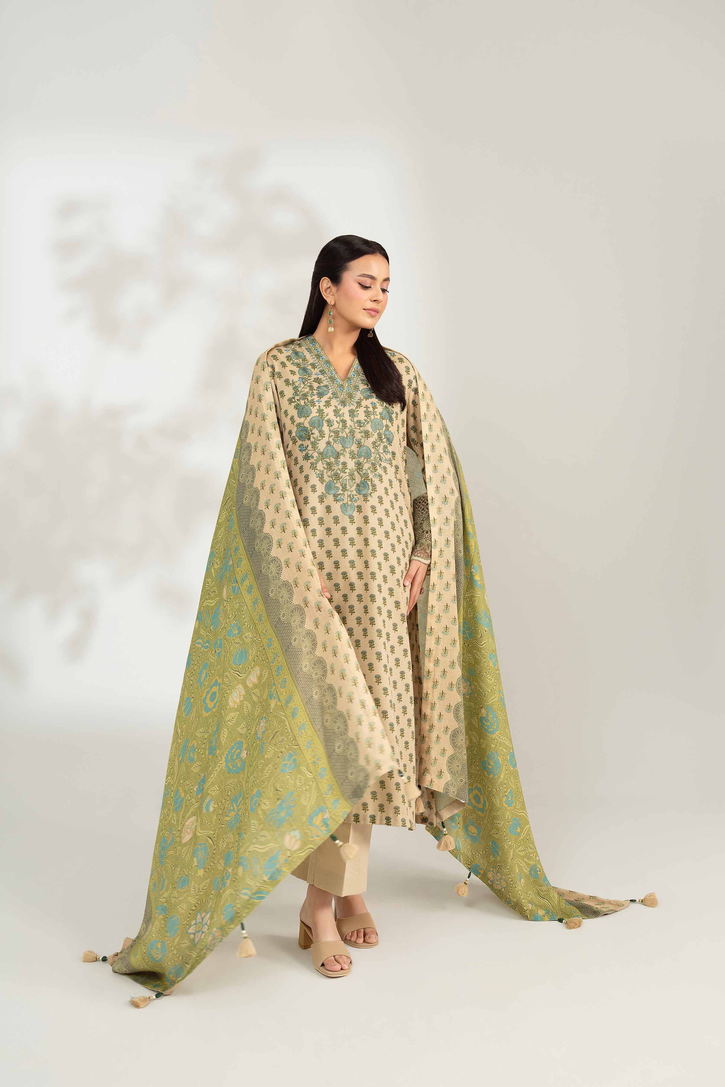 NISHATUAE - Beige Embroidered Karandi 3-piece Unstitched Suit