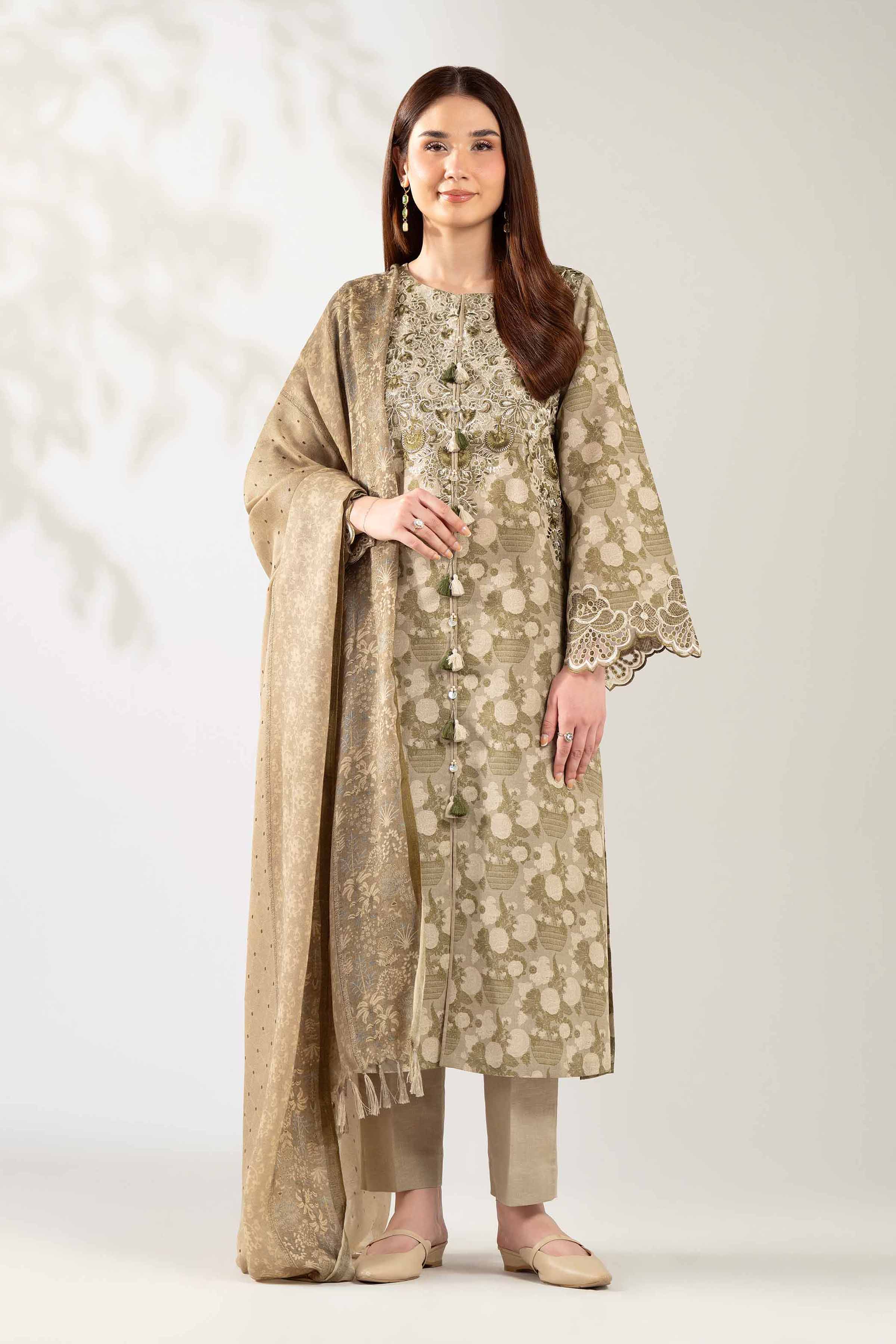 NISHATUAE - Olive Embroidered Karandi 3-piece Unstitched Suit