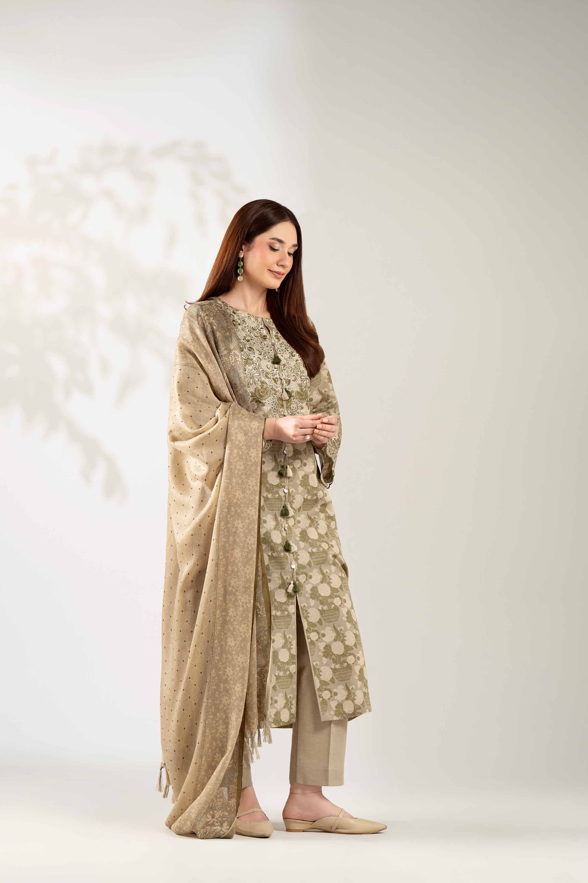 NISHATUAE - Olive Embroidered Karandi 3-piece Unstitched Suit