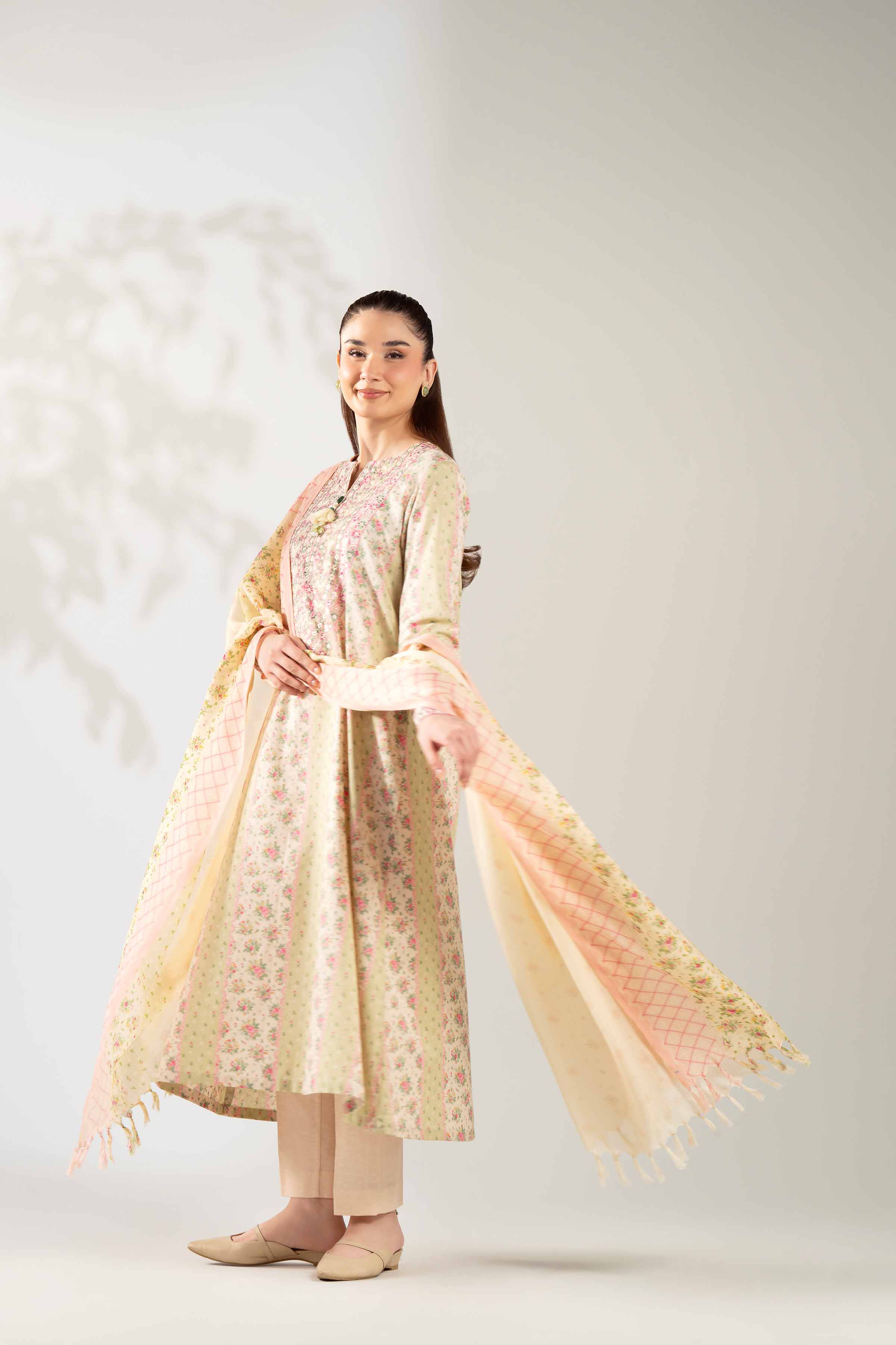 NISHATUAE - Cream Embroidered Karandi 3-piece Unstitched Suit