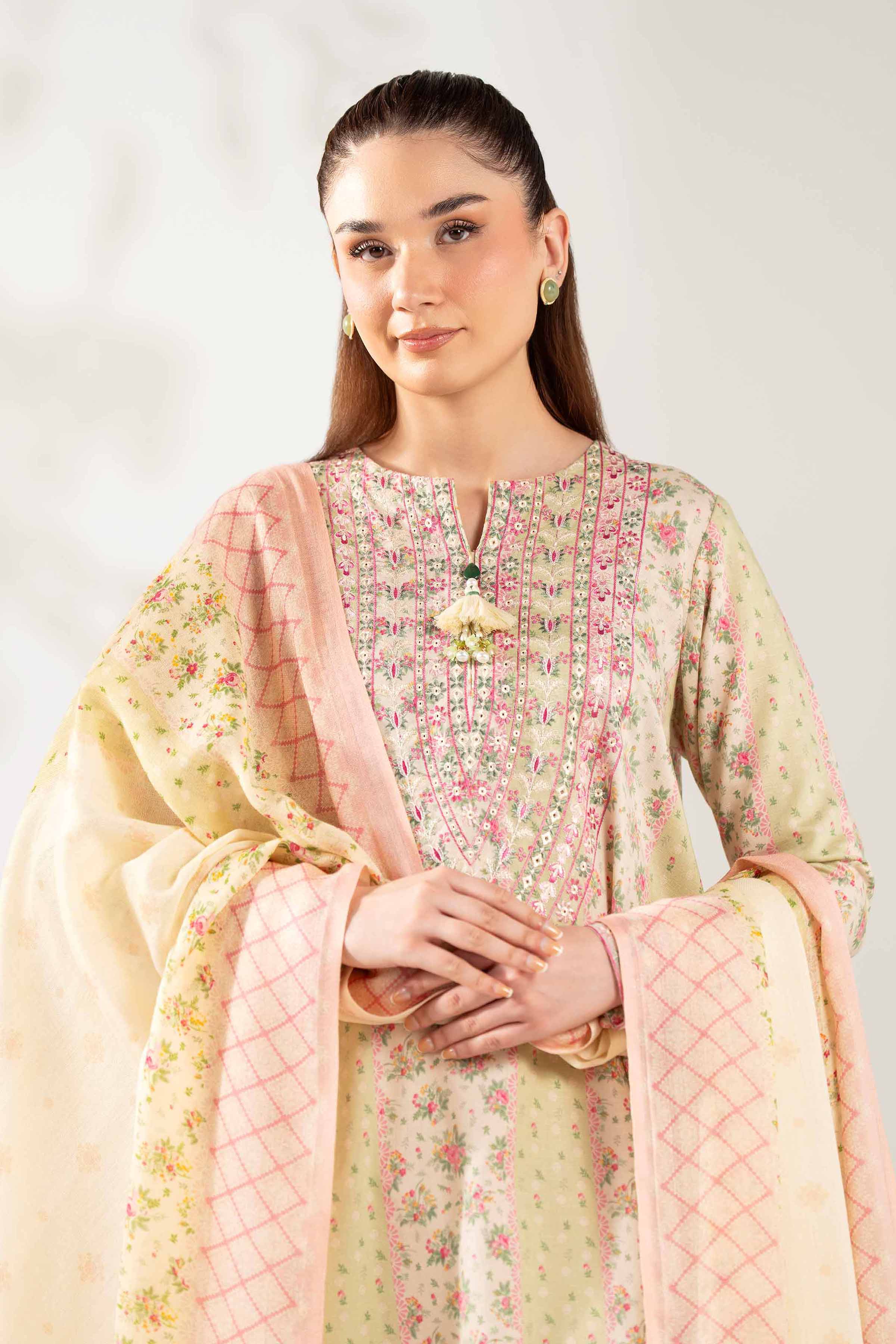 NISHATUAE - Cream Embroidered Karandi 3-piece Unstitched Suit