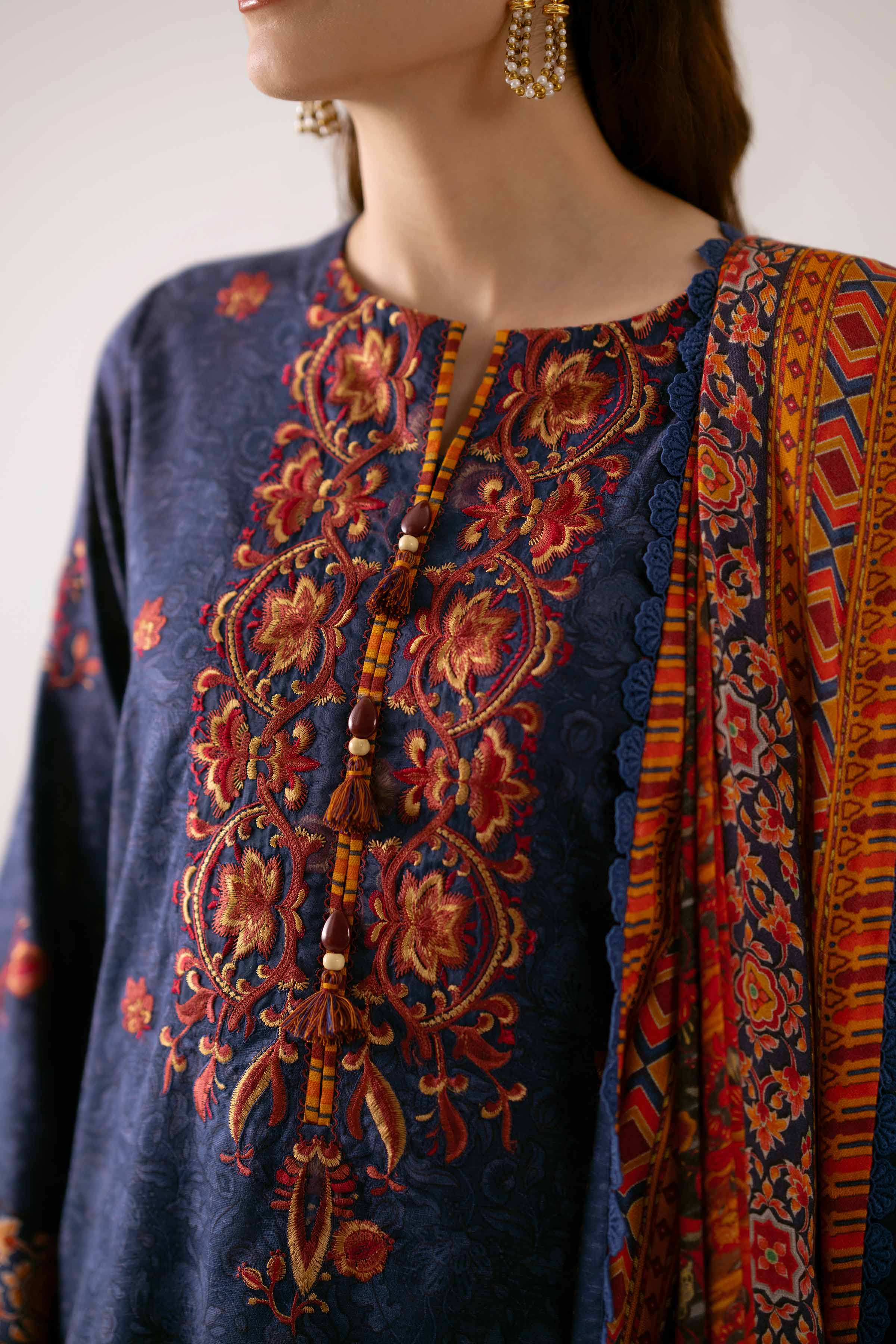 NISHATUAE - Blue Embroidered Karandi 3-piece Unstitched Suit