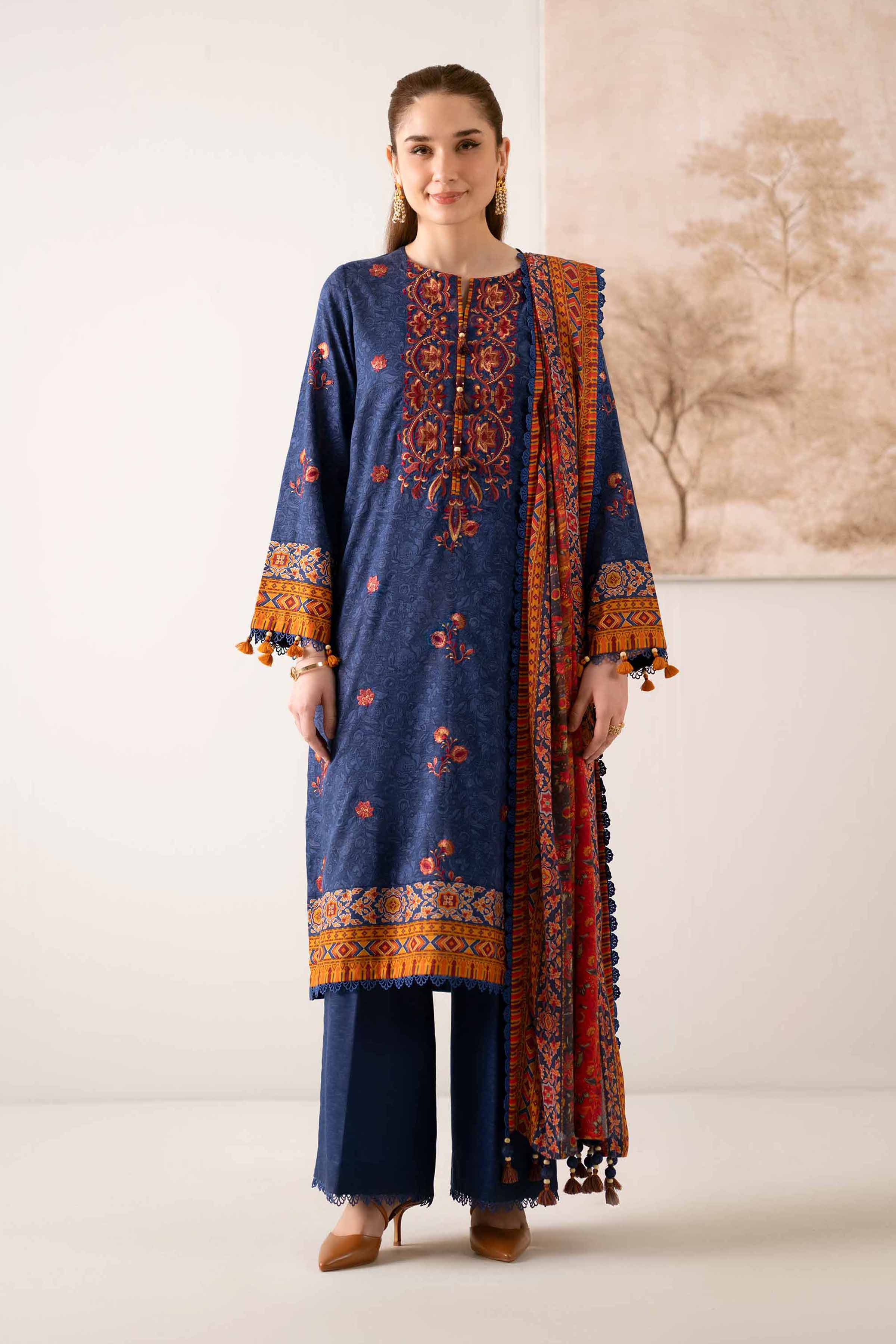 NISHATUAE - Blue Embroidered Karandi 3-piece Unstitched Suit