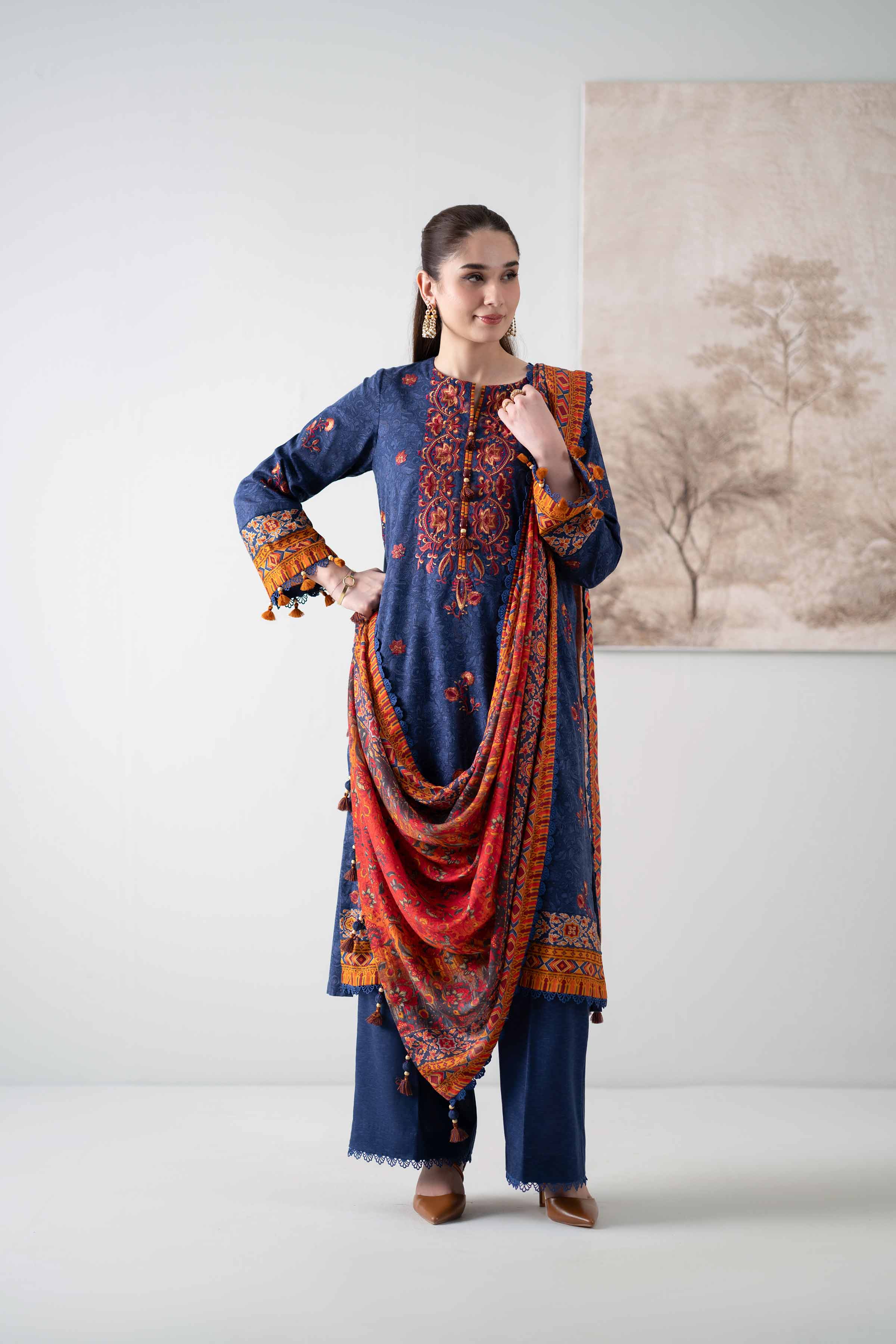 NISHATUAE - Blue Embroidered Karandi 3-piece Unstitched Suit