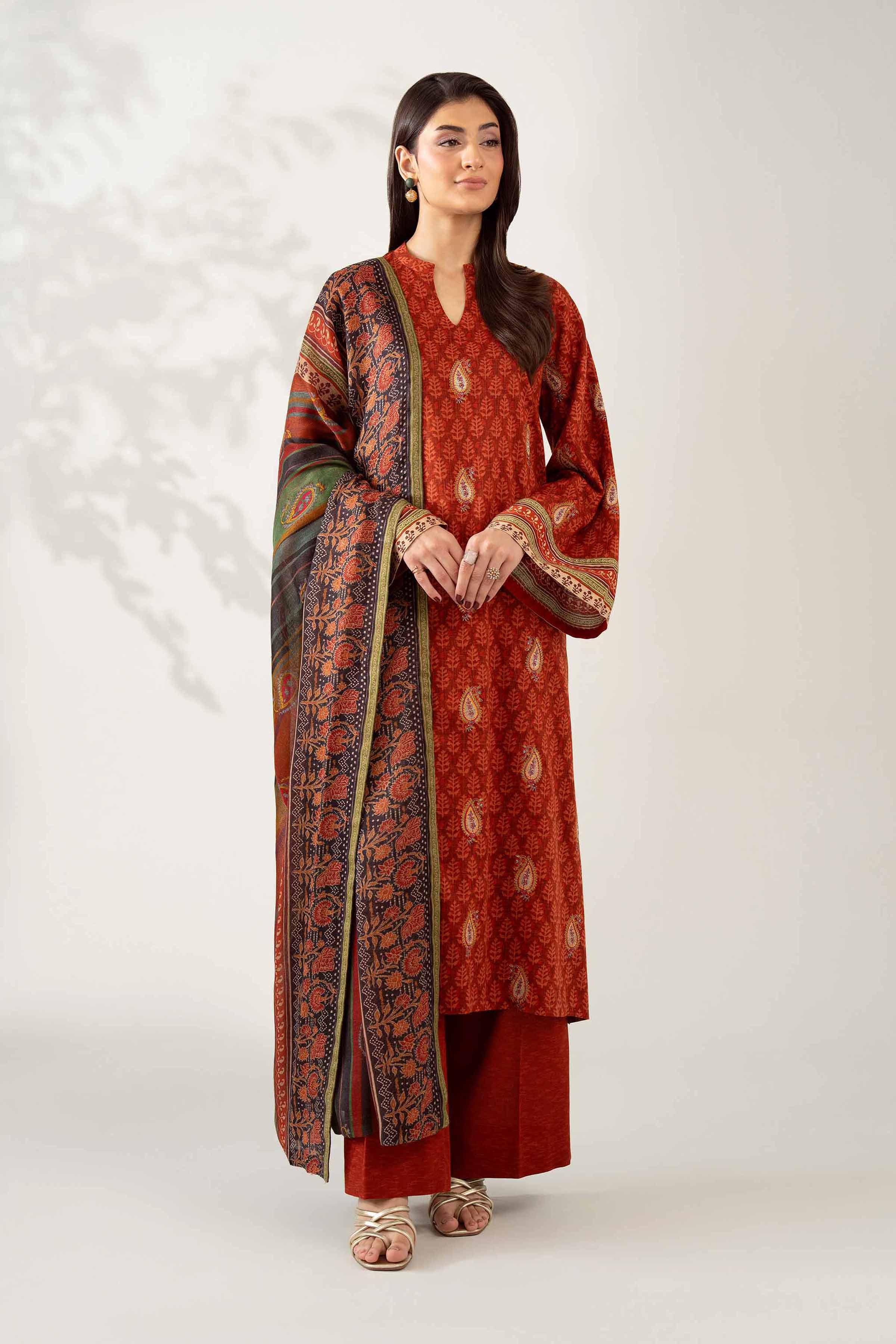 NISHATUAE - Rust Embroidered Karandi 3-piece Unstitched Suit